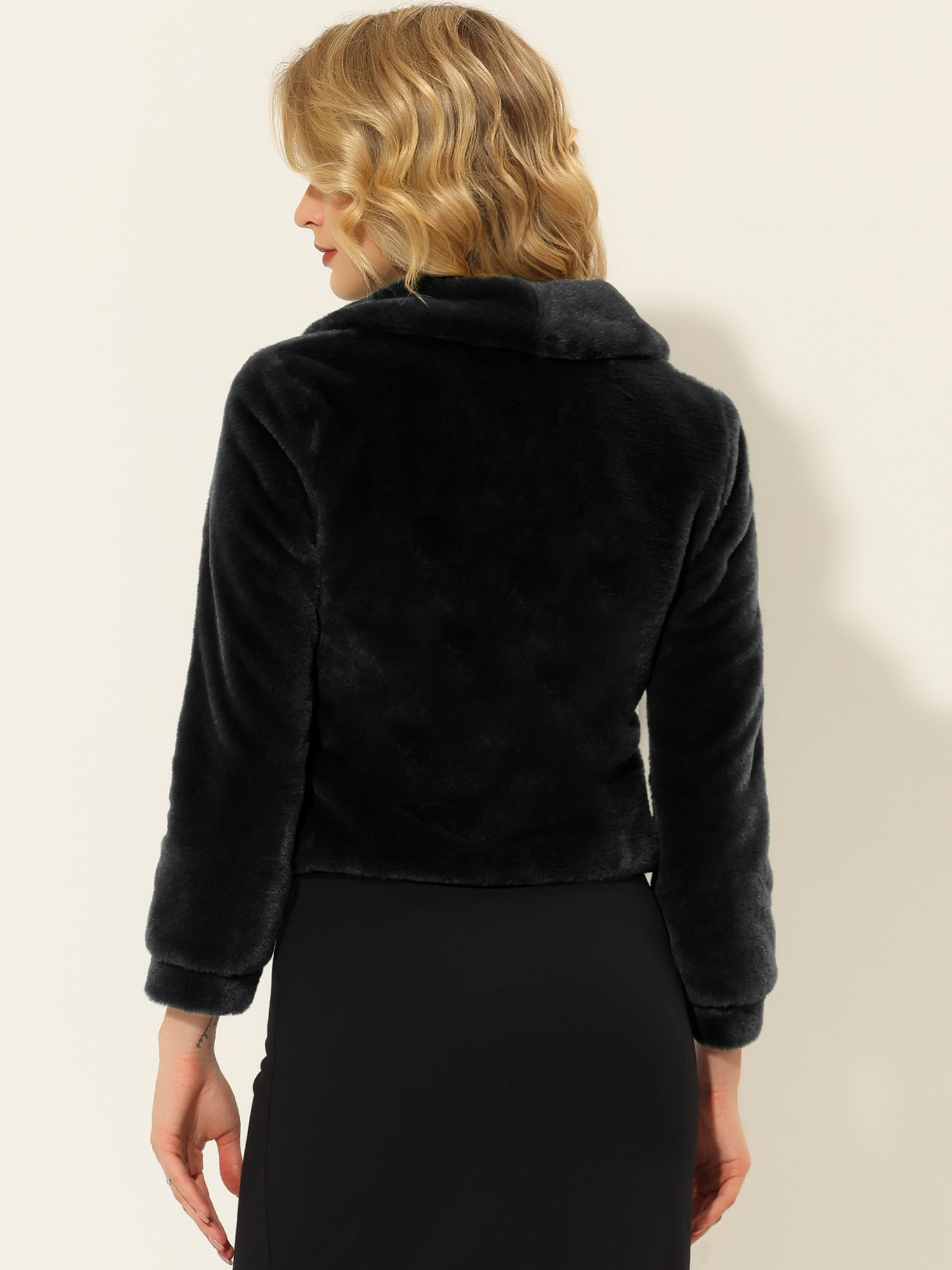 Winter Cropped Jacket Lapel Long Sleeve Faux Fur Fluffy Coat