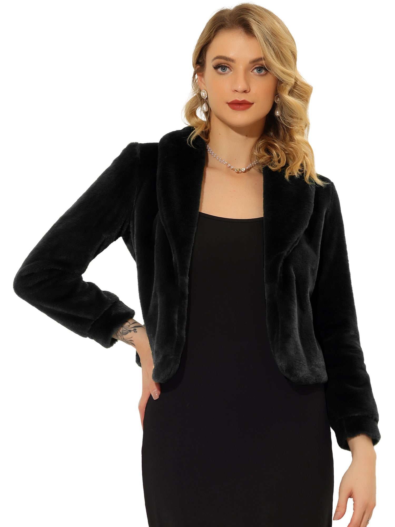 Winter Cropped Jacket Lapel Long Sleeve Faux Fur Fluffy Coat