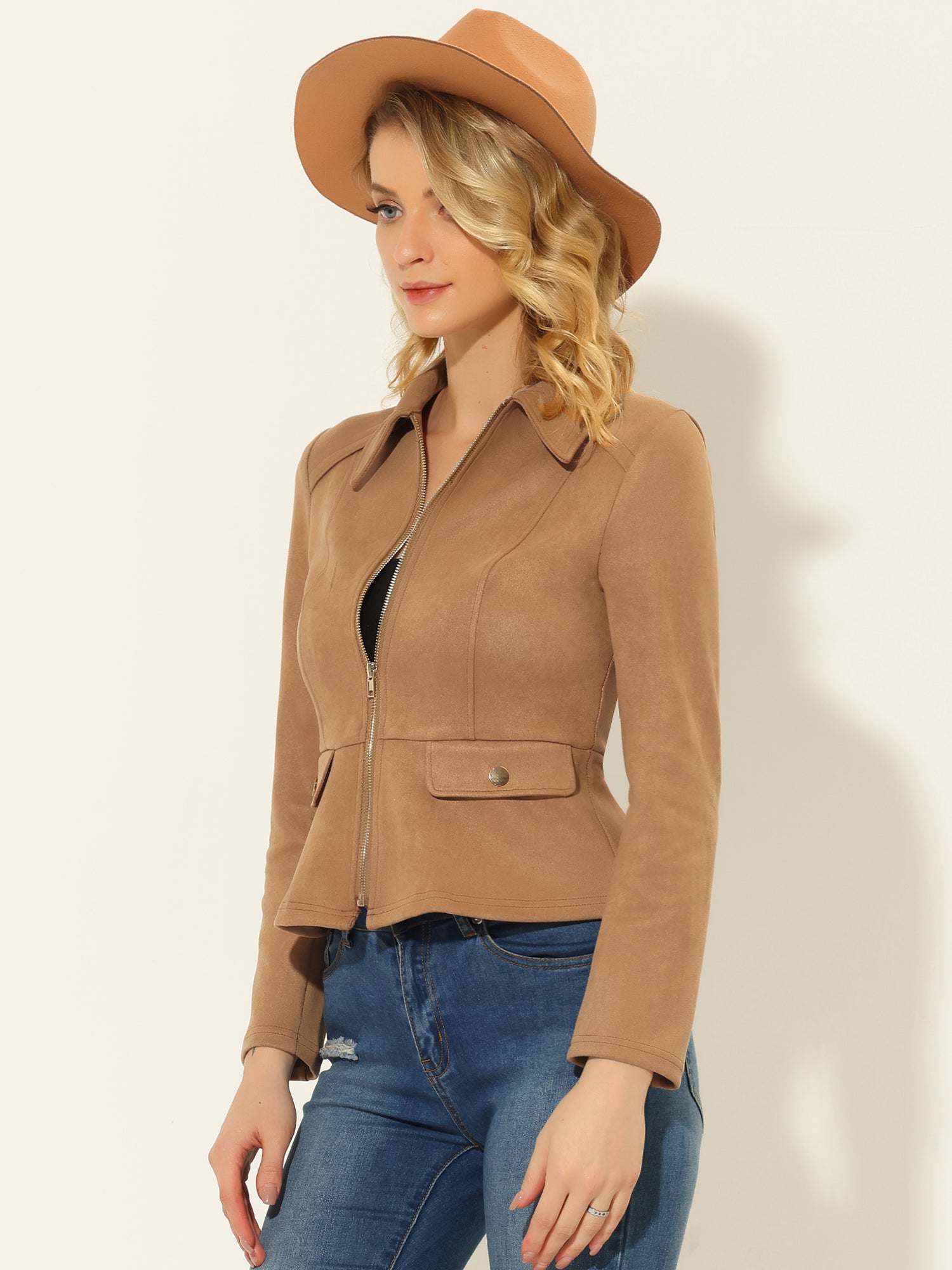Faux Suede Jacket Short Zip Up Motorcycle Biker Coat