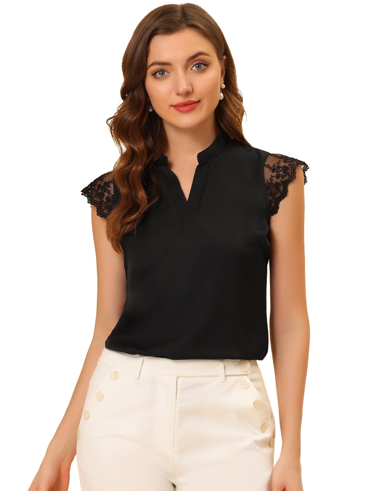 Work Top Office Lace Cap Sleeve Basic Shirt Blouse