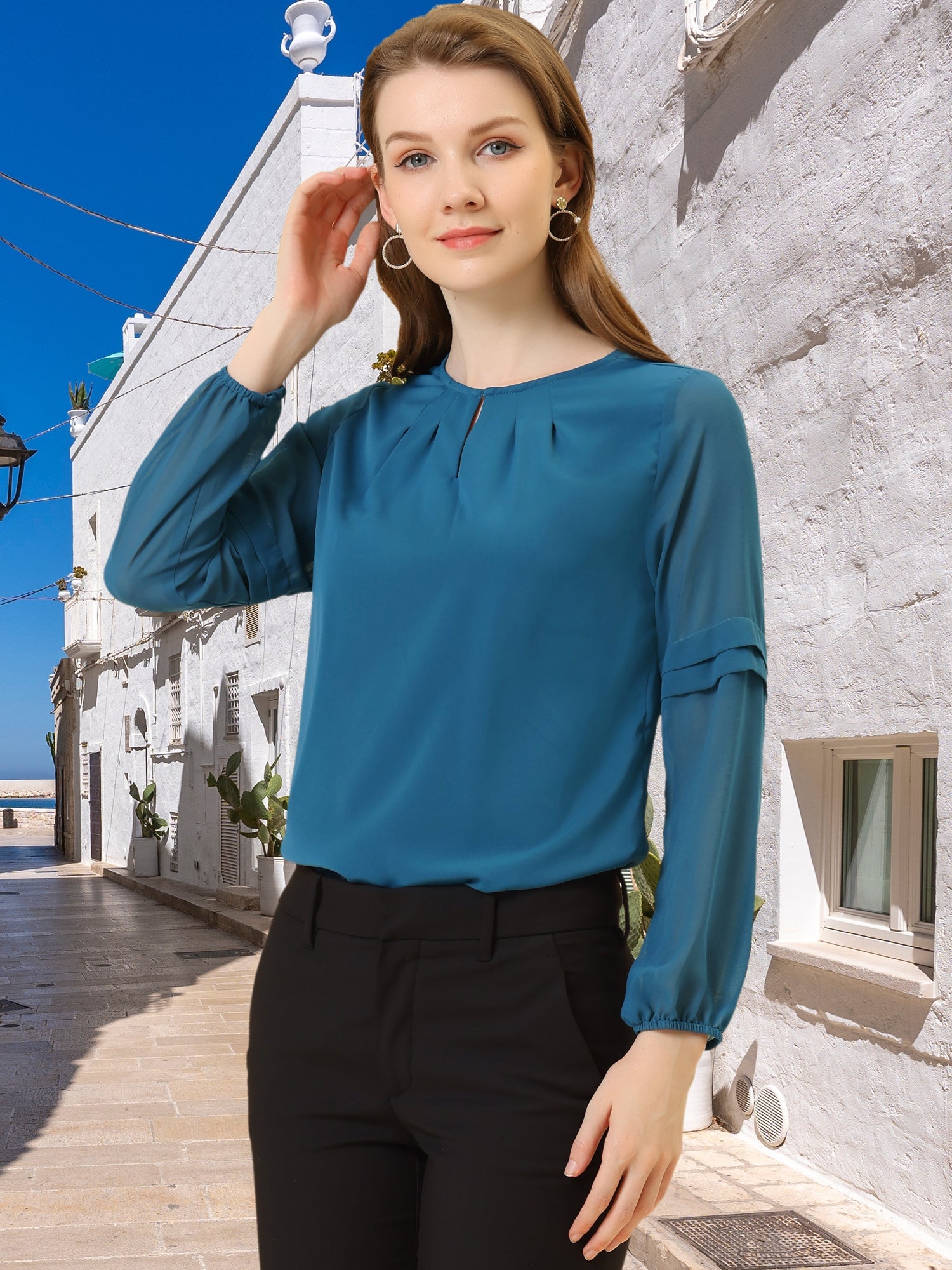 Chiffon Shirt Semi Sheer Keyhole Neck Elegant Work Blouse