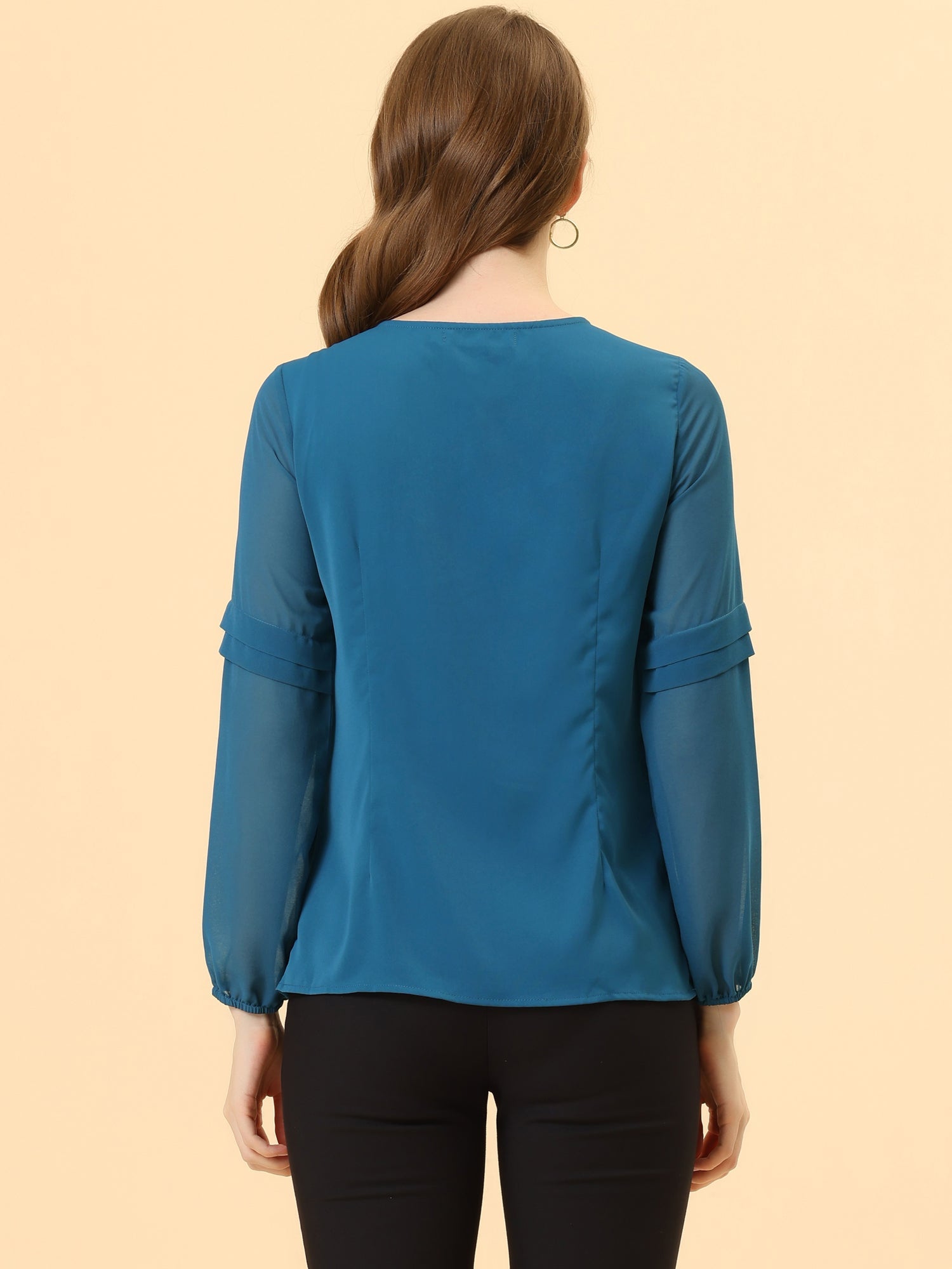 Chiffon Shirt Semi Sheer Keyhole Neck Elegant Work Blouse