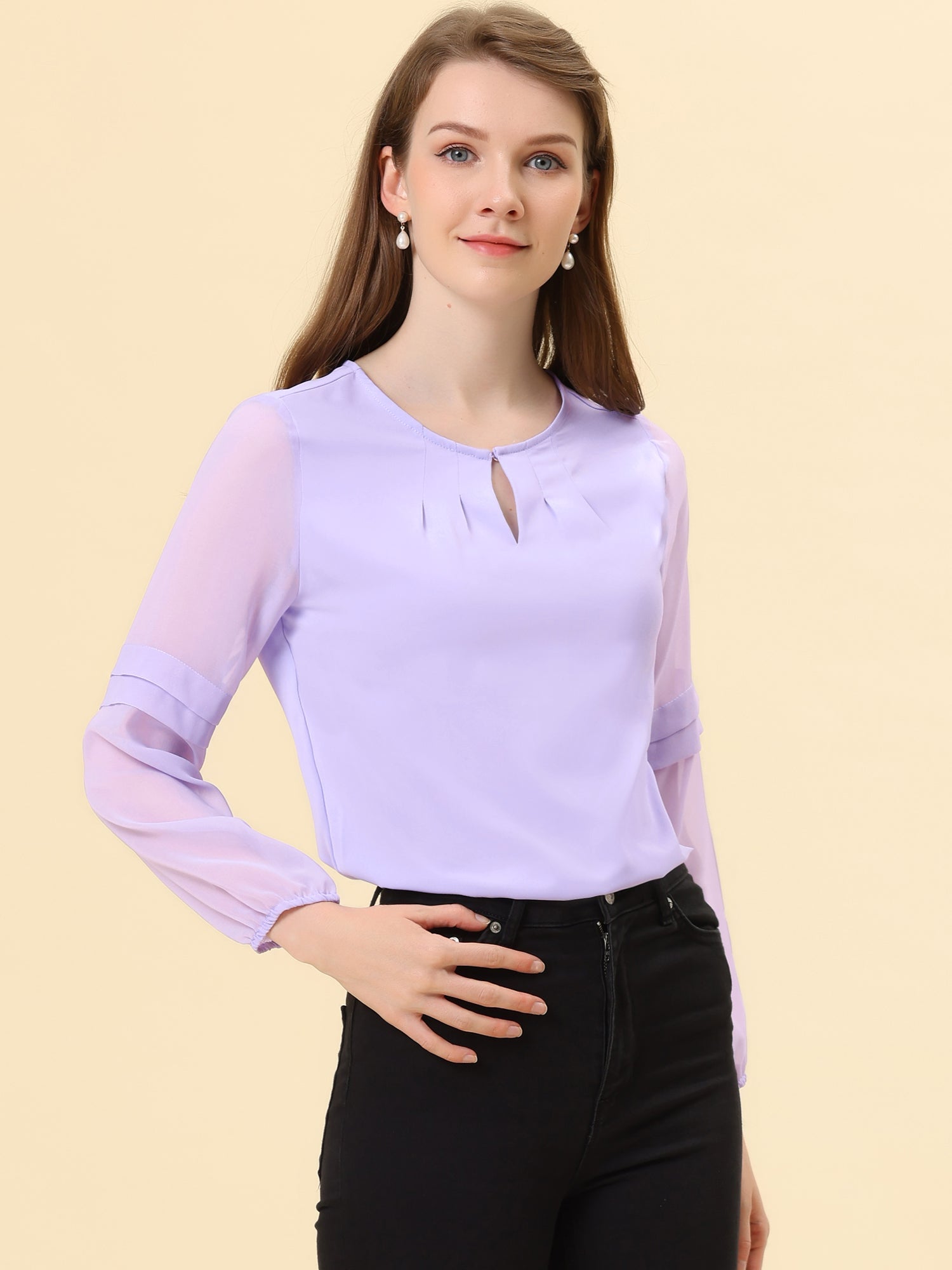 Chiffon Shirt Semi Sheer Keyhole Neck Elegant Blouse
