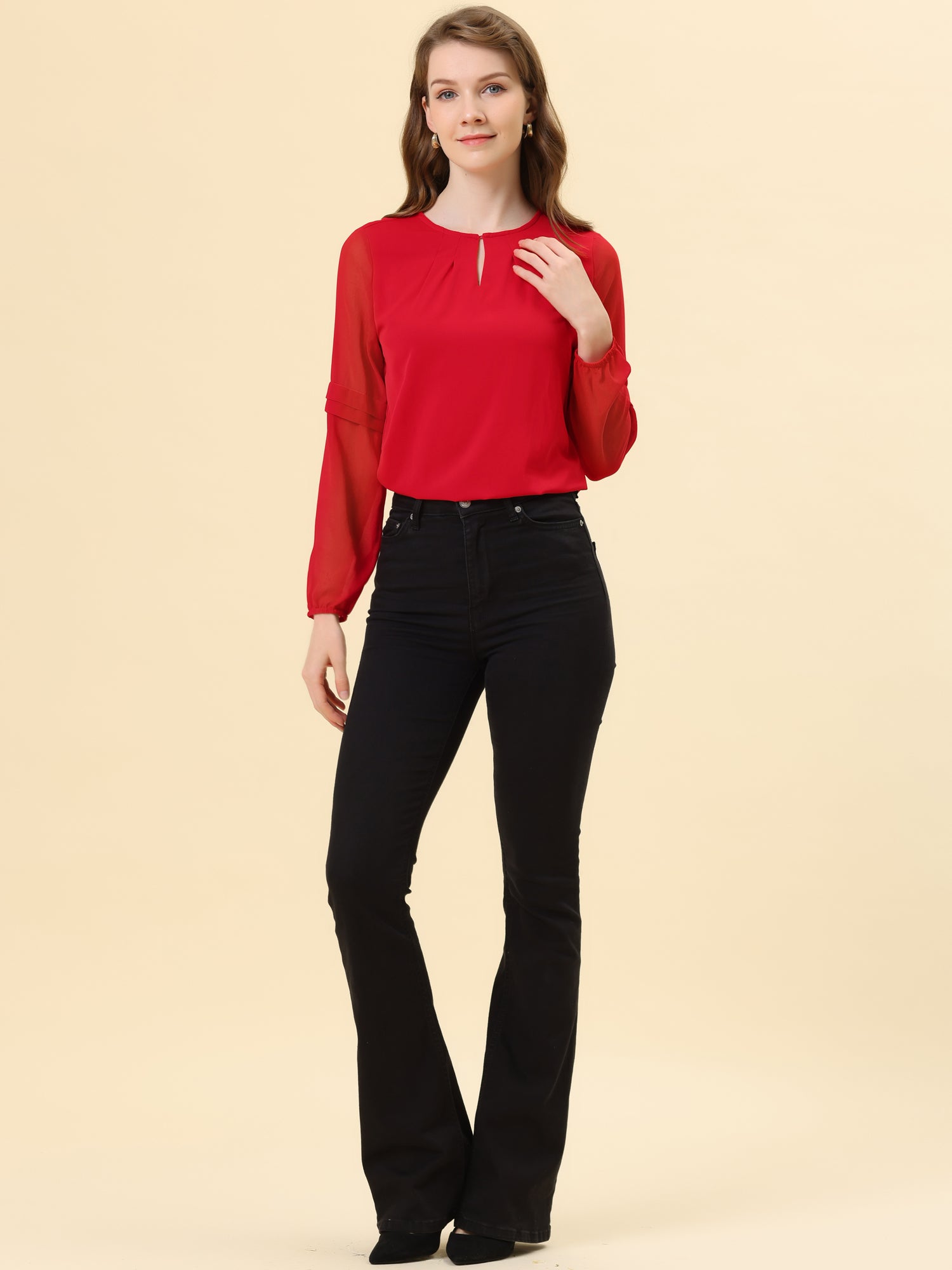 Chiffon Shirt Semi Sheer Keyhole Neck Elegant Work Blouse