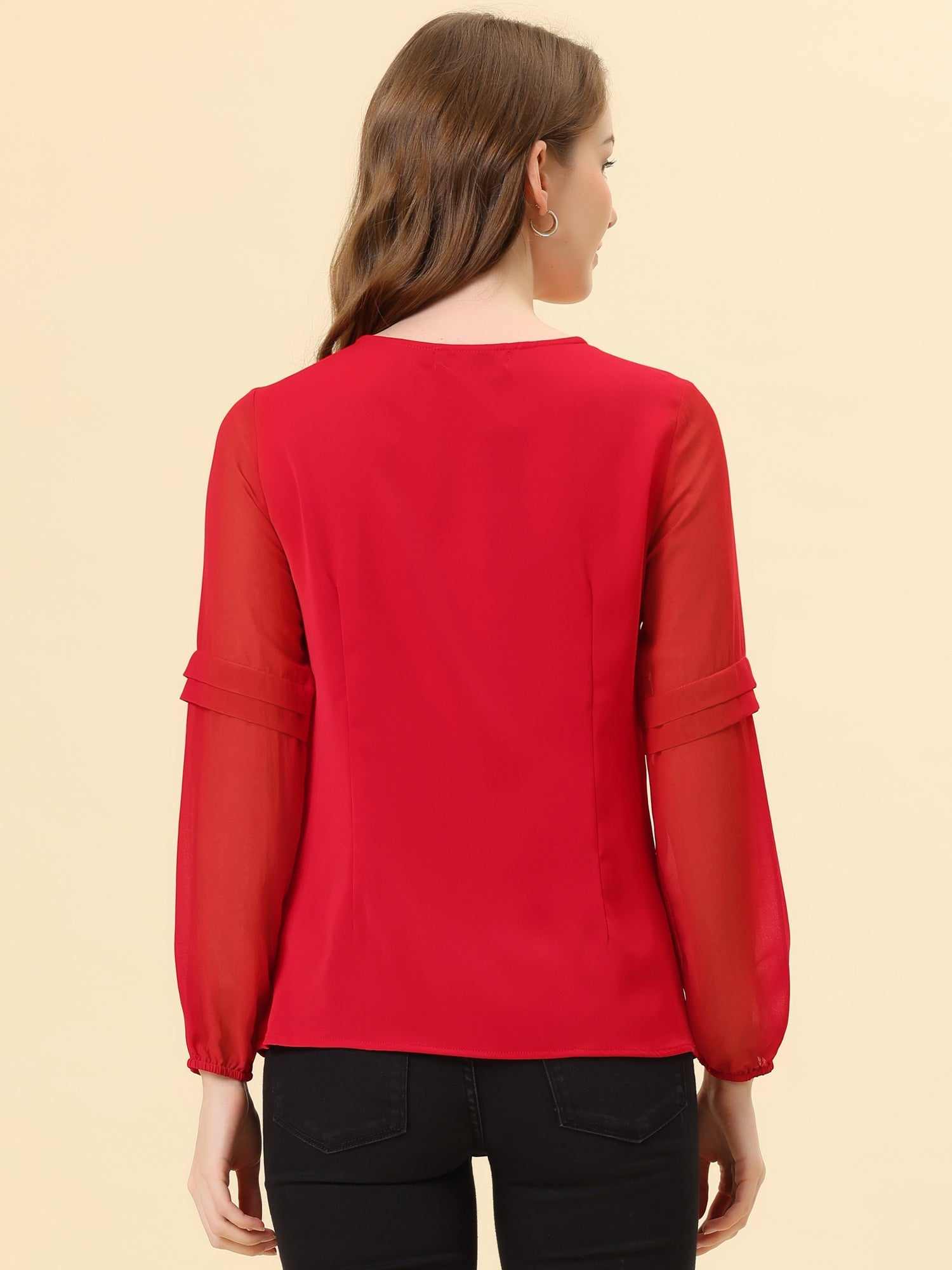 Chiffon Shirt Semi Sheer Keyhole Neck Elegant Work Blouse