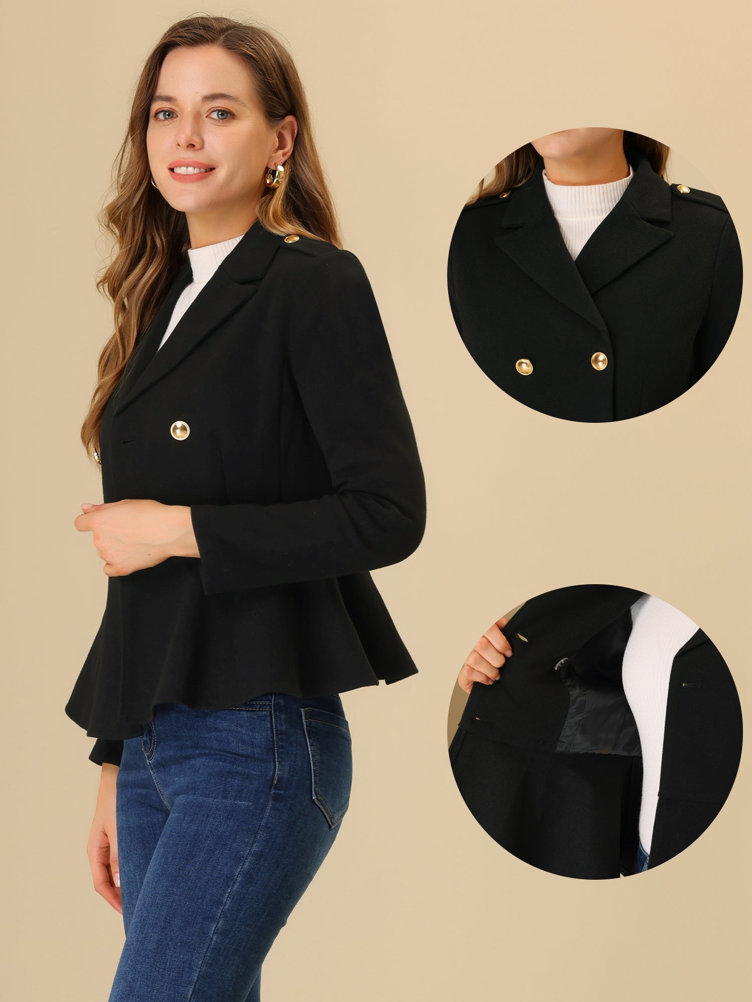 Double Breasted Pea Coat Notched Lapel Blazer Peplum Jacket