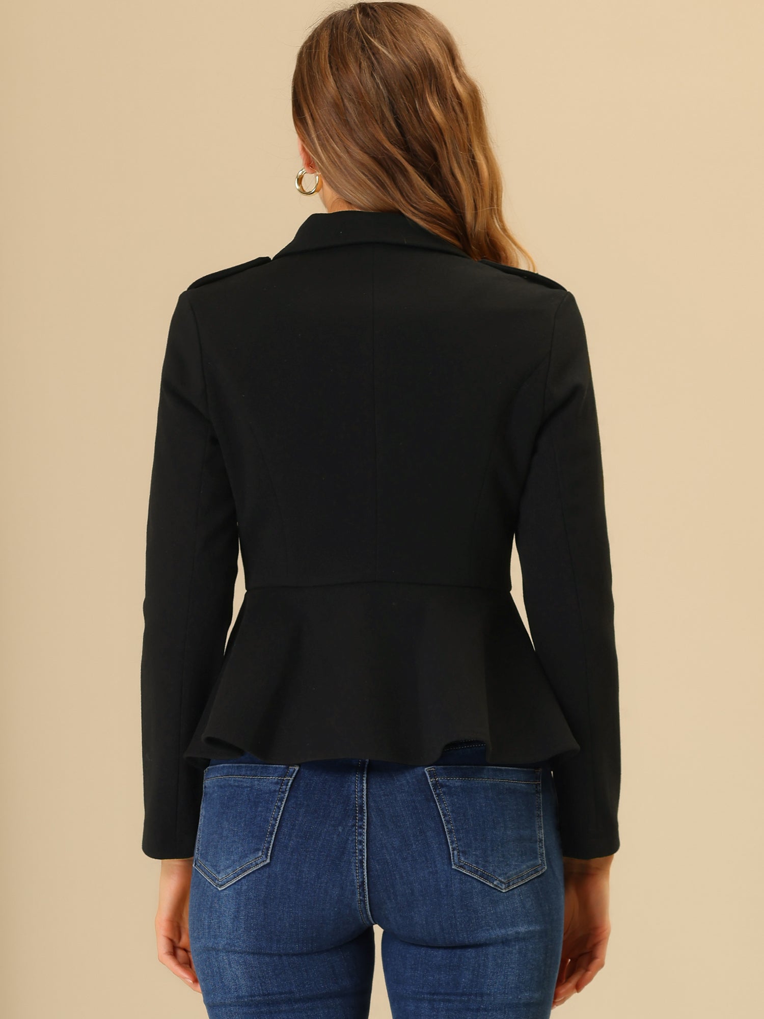Double Breasted Pea Coat Notched Lapel Blazer Peplum Jacket