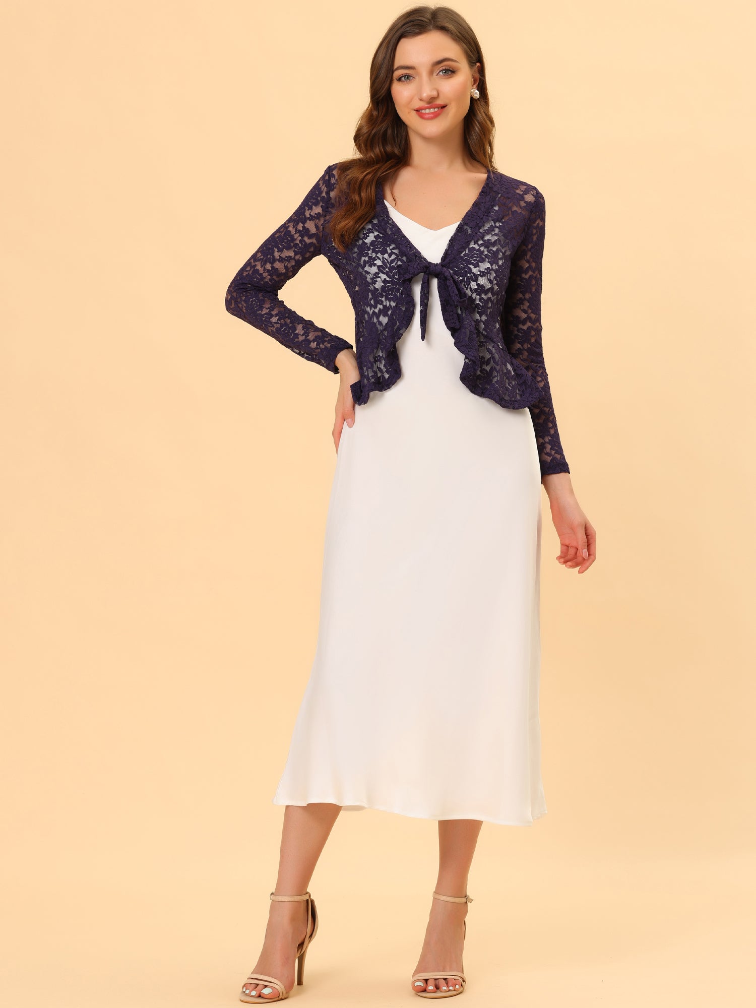 Floral Lace Tie Front Ruffled Hem Sheer Crop Bolero Shrug