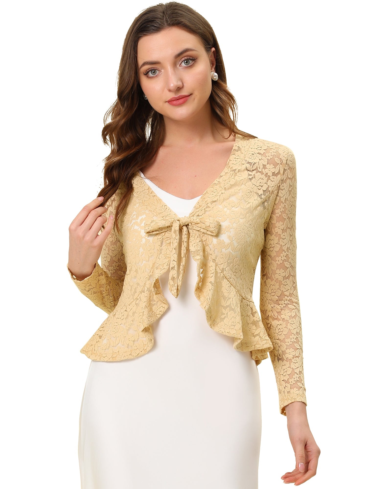 Floral Lace Tie Front Ruffled Hem Sheer Crop Bolero Shrug