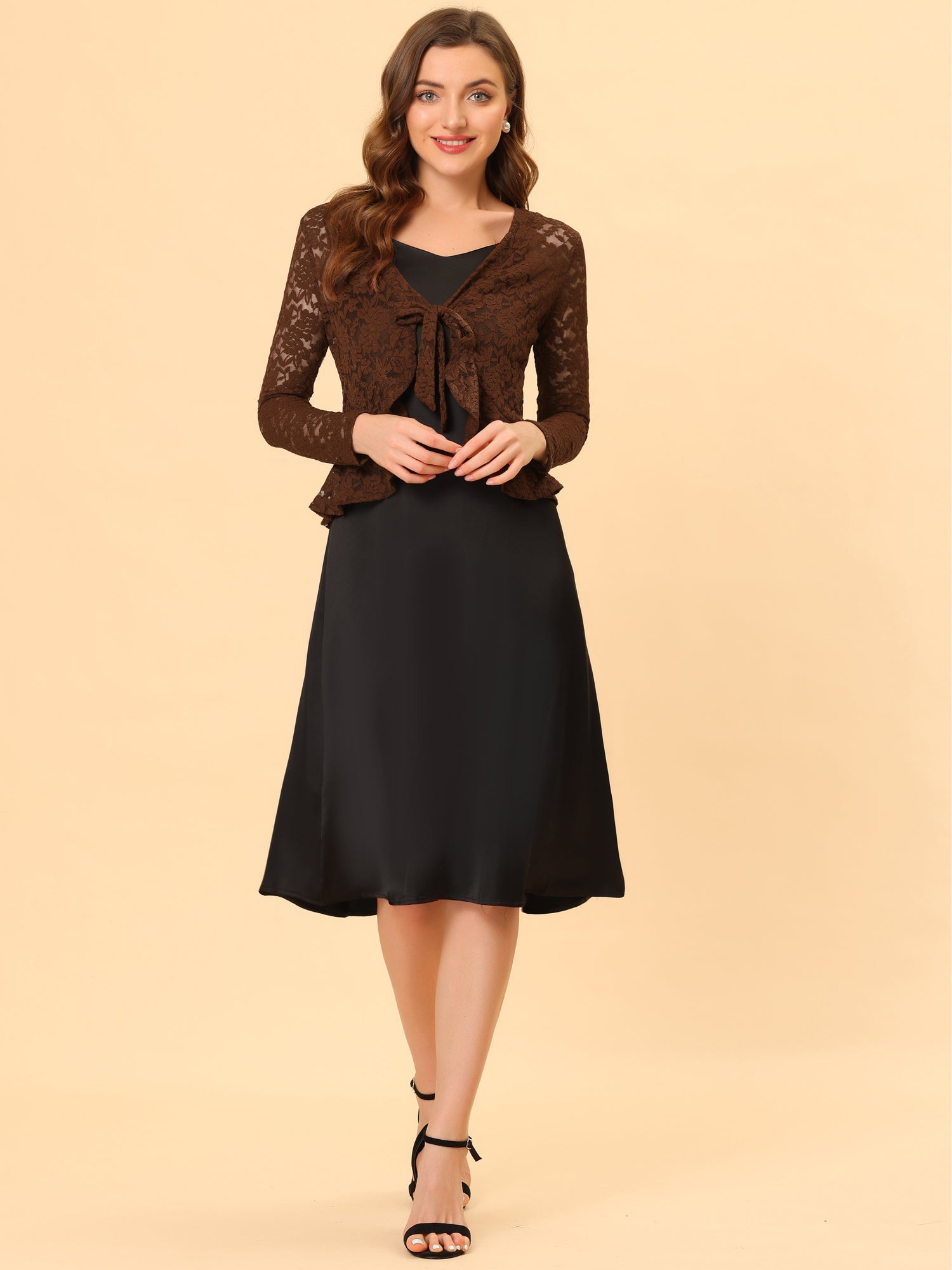 Floral Lace Shrug Tie Front Ruffled Hem Sheer Crop Bolero