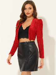 Sequin Shrug Open Front Collarless Sparkly Crop Blazer Jacket