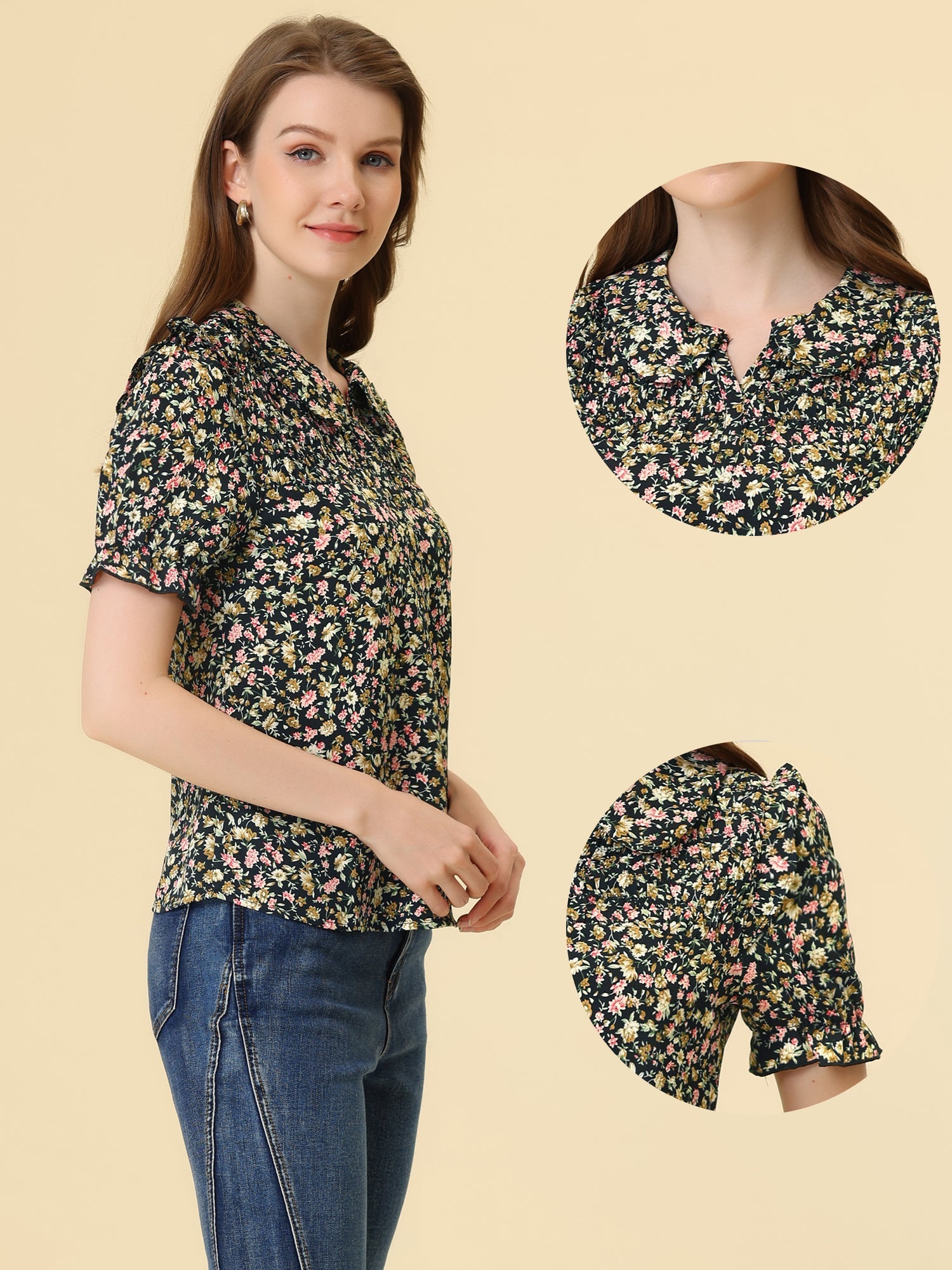 Peter Pan Collar Puff Short Sleeve Ruffle Smocked Floral Blouse