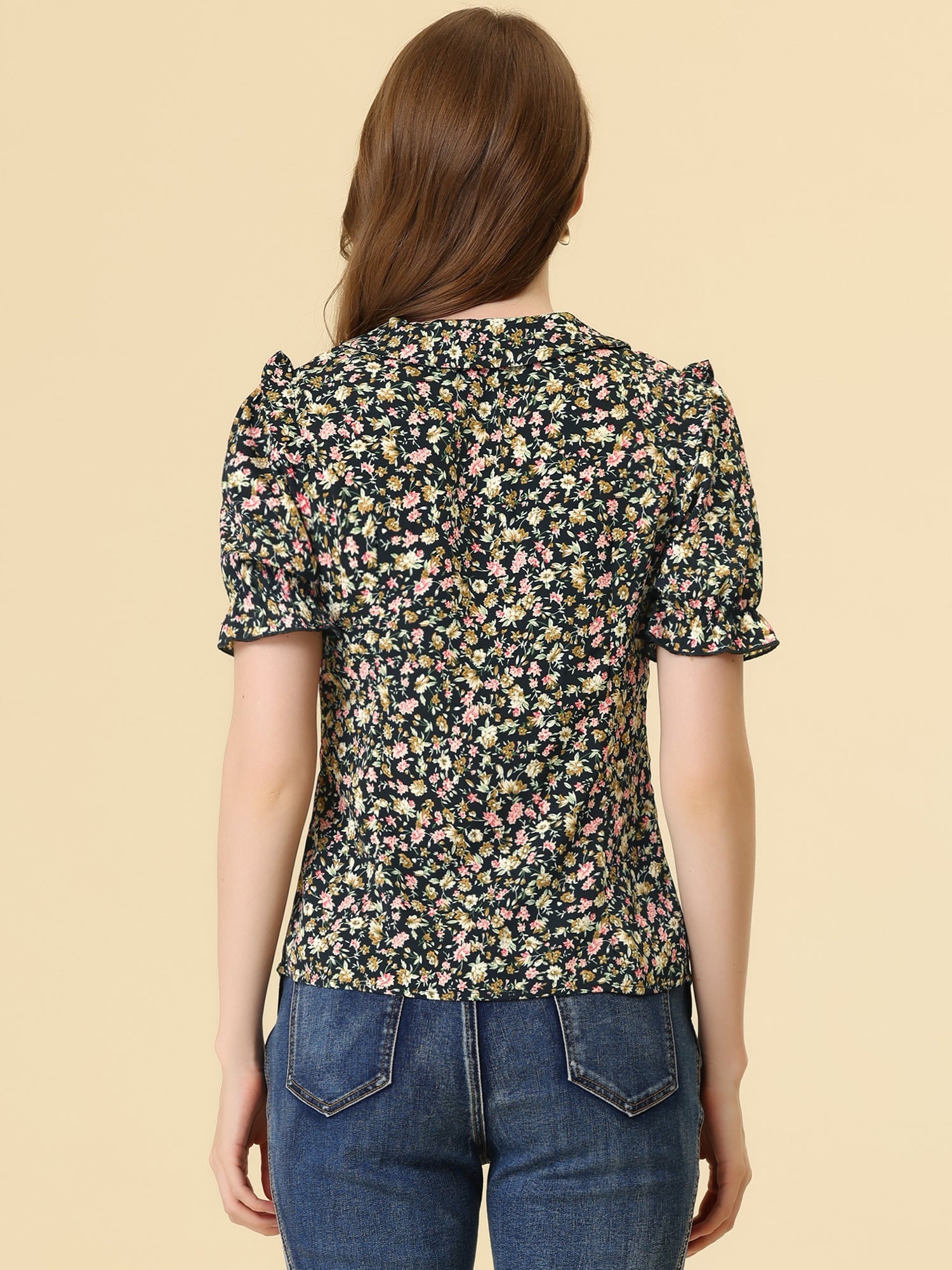 Peter Pan Collar Puff Short Sleeve Ruffle Smocked Floral Blouse