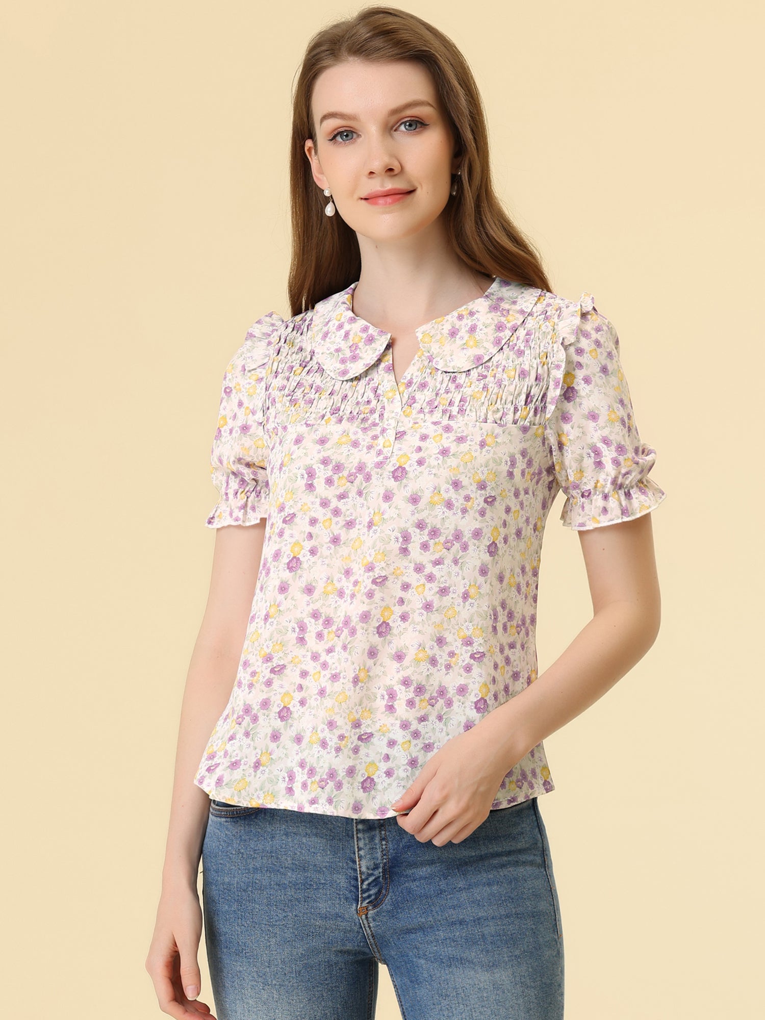 Peter Pan Collar Puff Short Sleeve Ruffle Smocked Floral Blouse