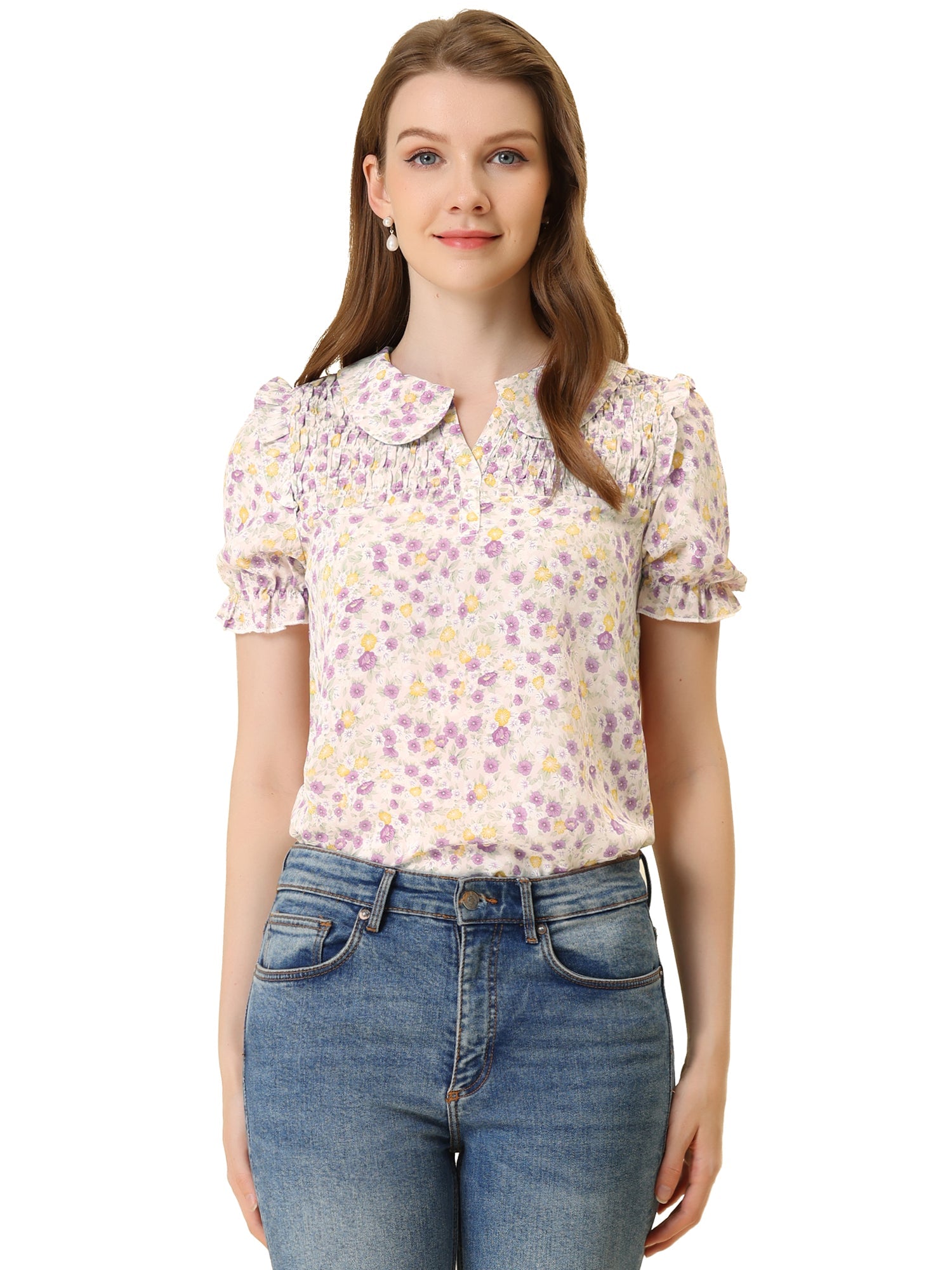 Peter Pan Collar Puff Short Sleeve Ruffle Smocked Floral Blouse