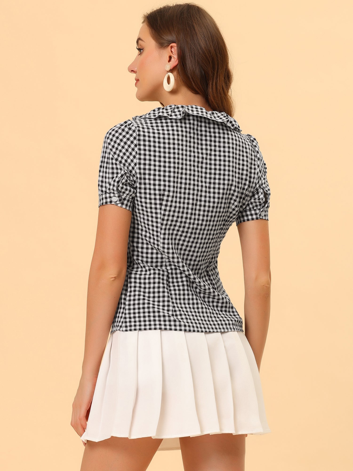 Plaid Blouse Puff Sleeve Ruffle Peter Pan Collar Shirt Top