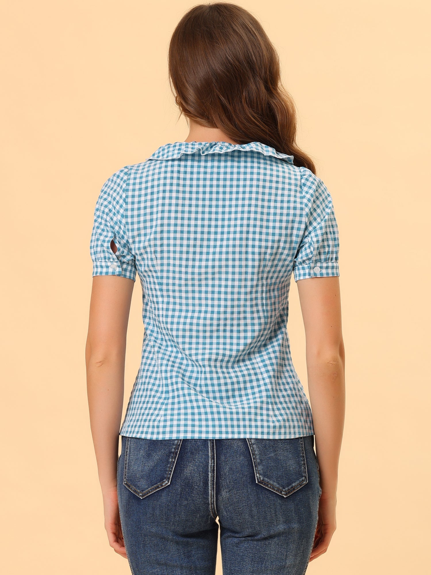 Plaid Blouse Puff Sleeve Ruffle Peter Pan Collar Shirt Top