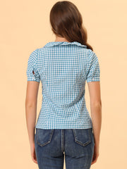 Plaid Blouse Puff Sleeve Ruffle Peter Pan Collar Shirt Top