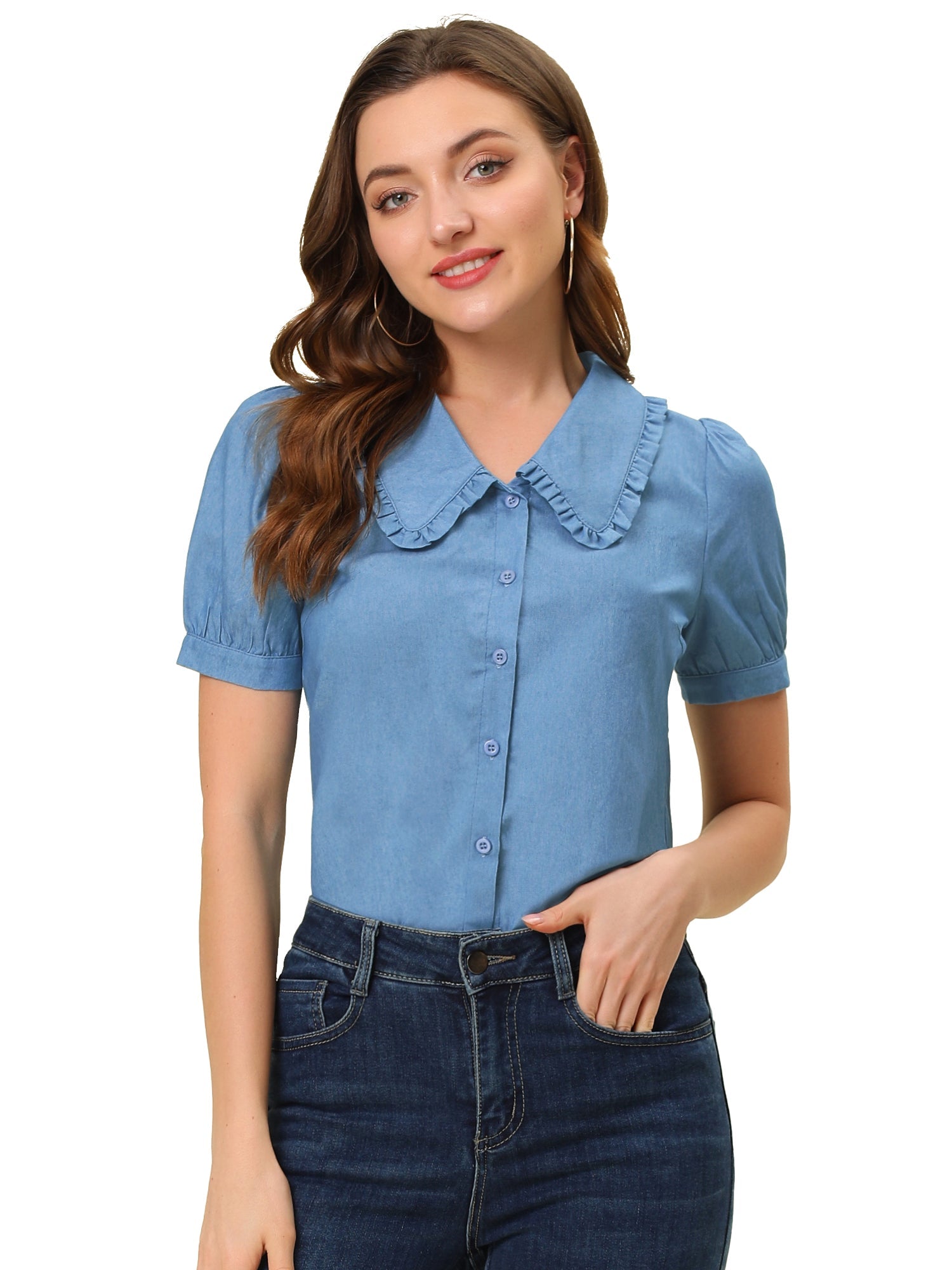 Chambray Shirt Peter Pan Collar Puff Sleeve Vintage Denim Blouse