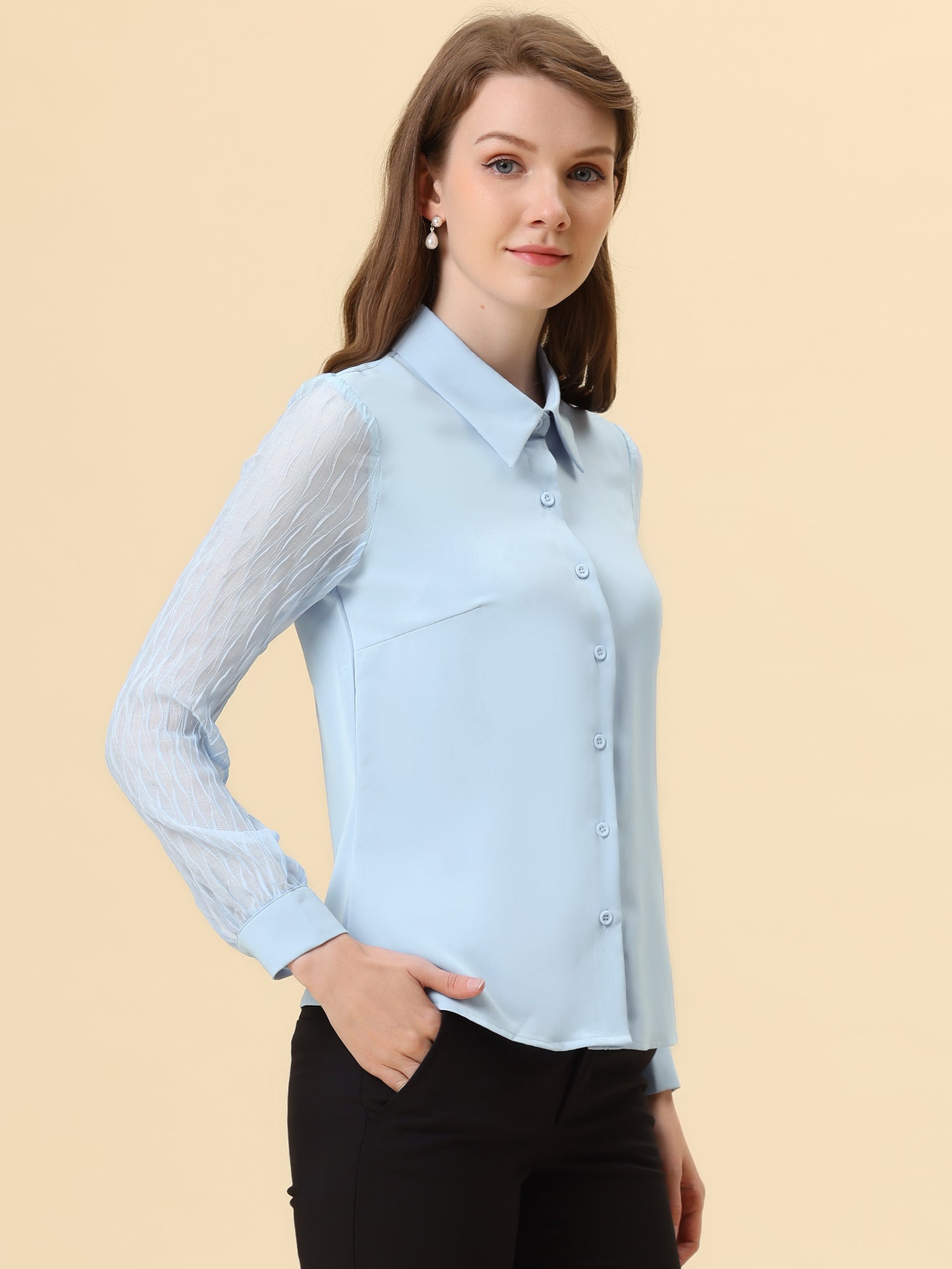 Button Down Shirt Sheer Sleeve Point Collar Work Tops