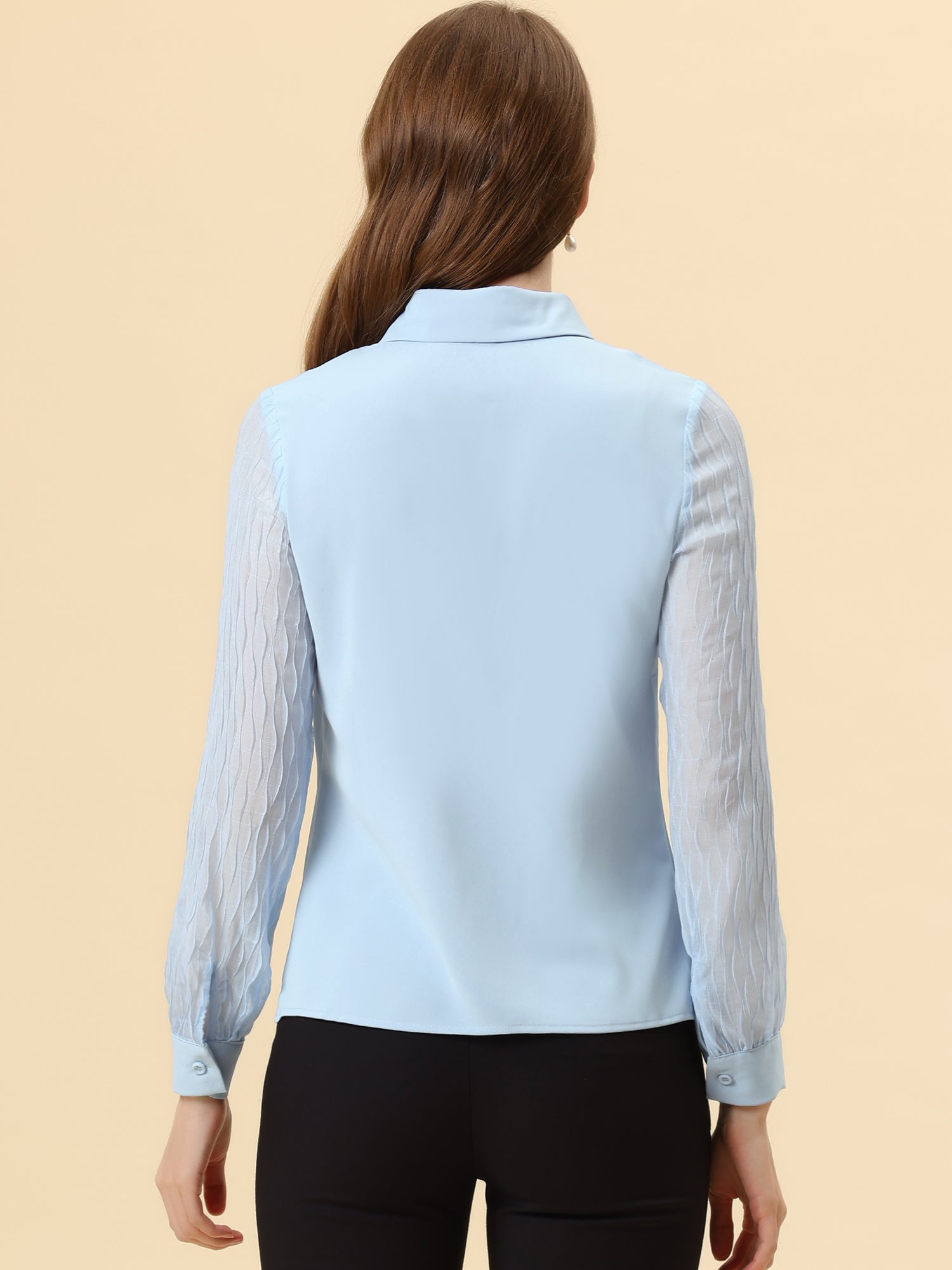 Button Down Shirt Sheer Sleeve Point Collar Work Tops