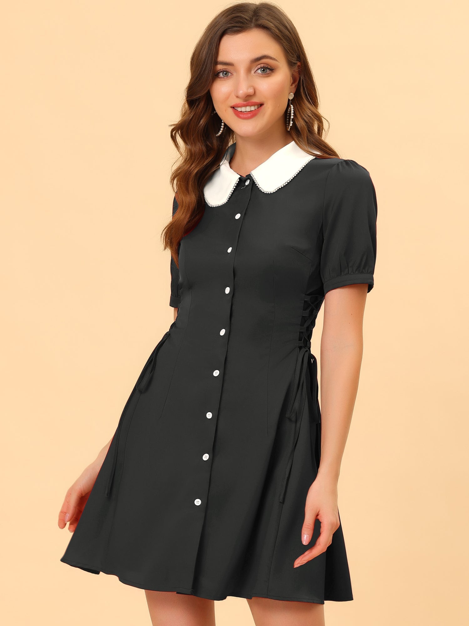 Vintage Peter Pan Collar Lace Up Button Down Dress