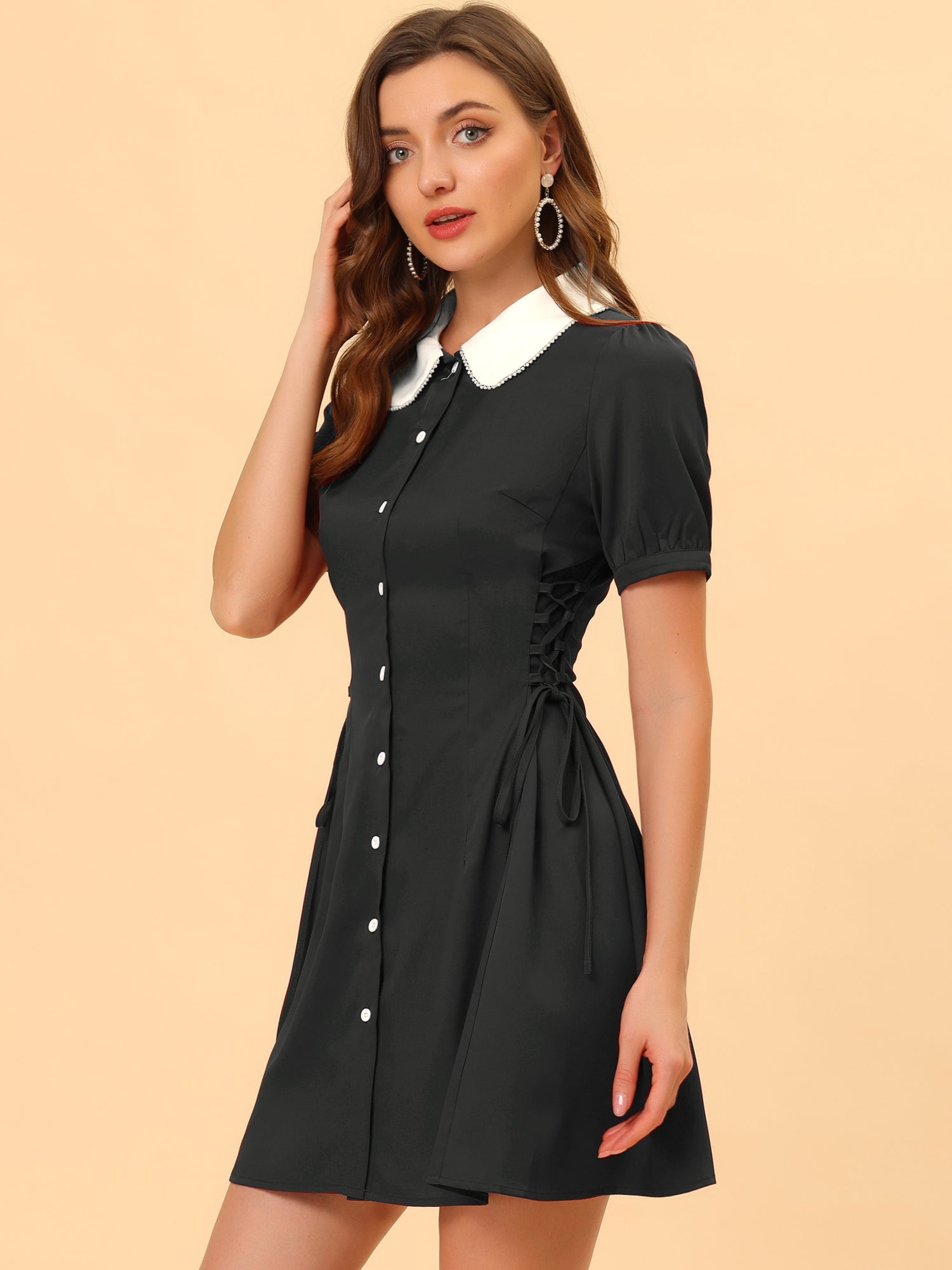 Vintage Peter Pan Collar Lace Up Button Down Dress