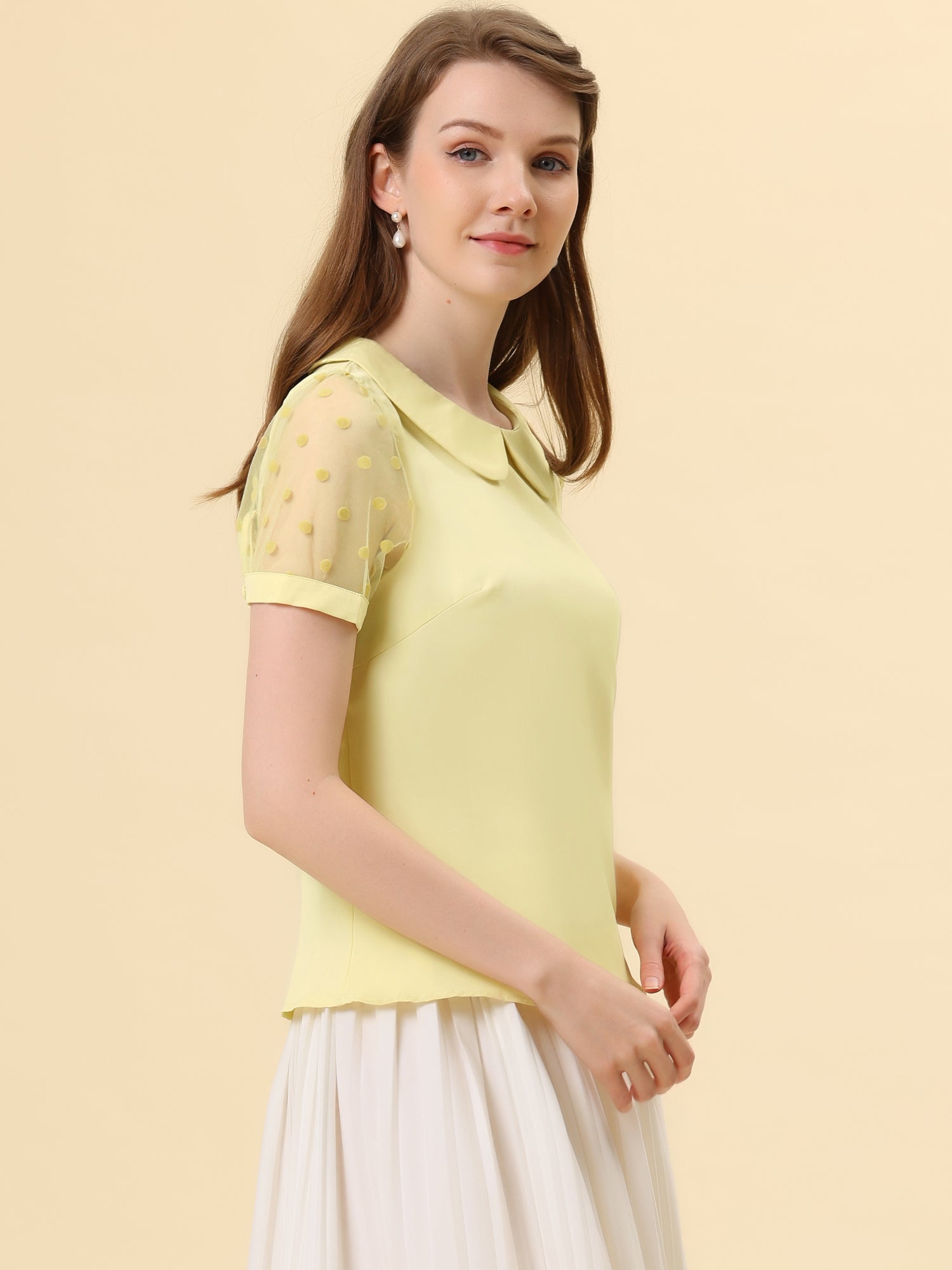 Peter Pan Collar Puff Mesh Short Sleeve Polka Dot Blouse