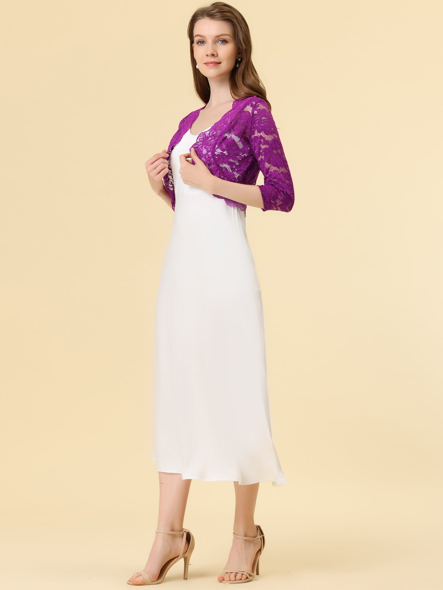 Lace 3/4 Sleeves Sheer Floral Cropped Bolero Shrug