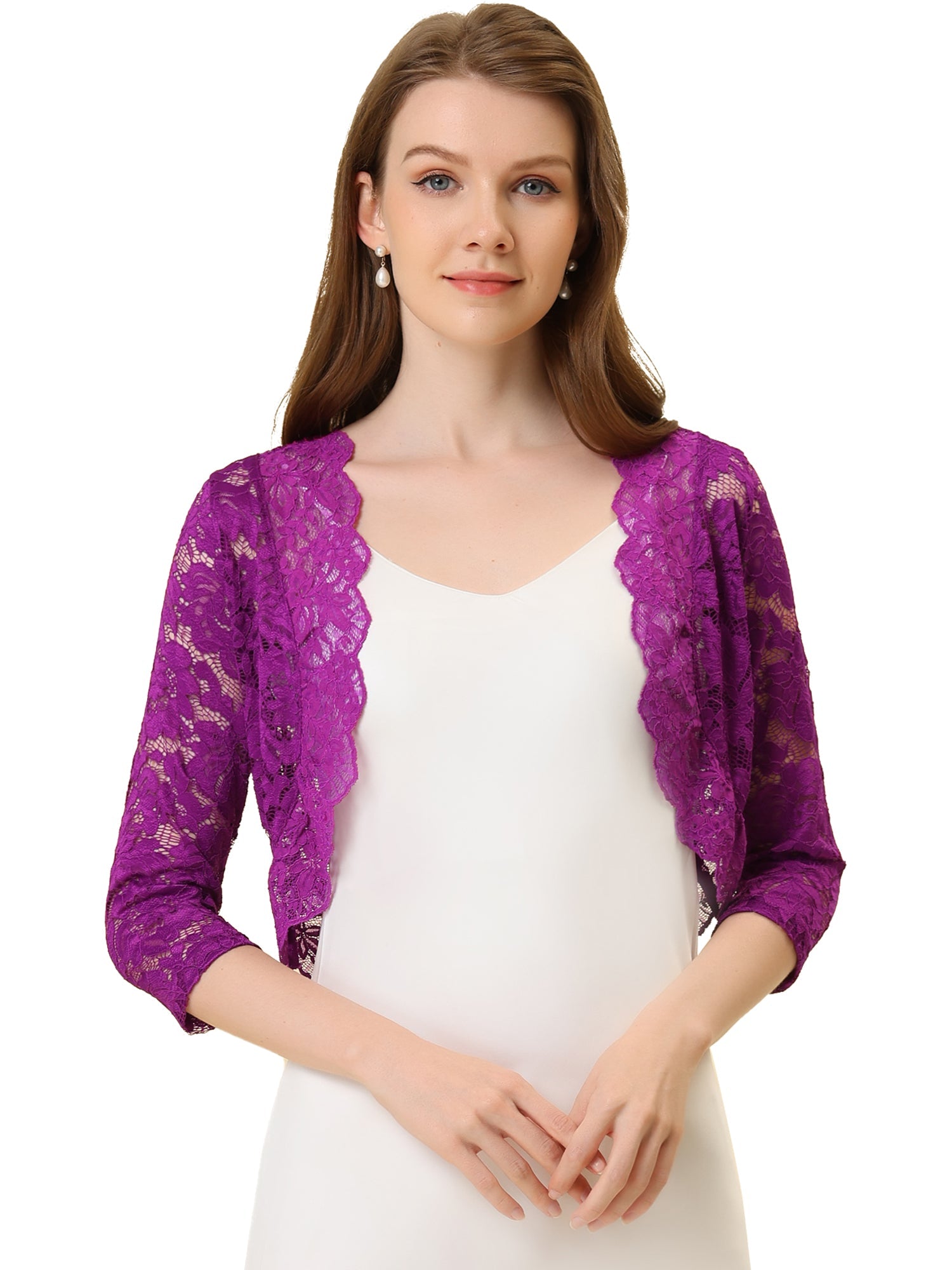 Lace 3/4 Sleeves Sheer Floral Cropped Bolero Shrug