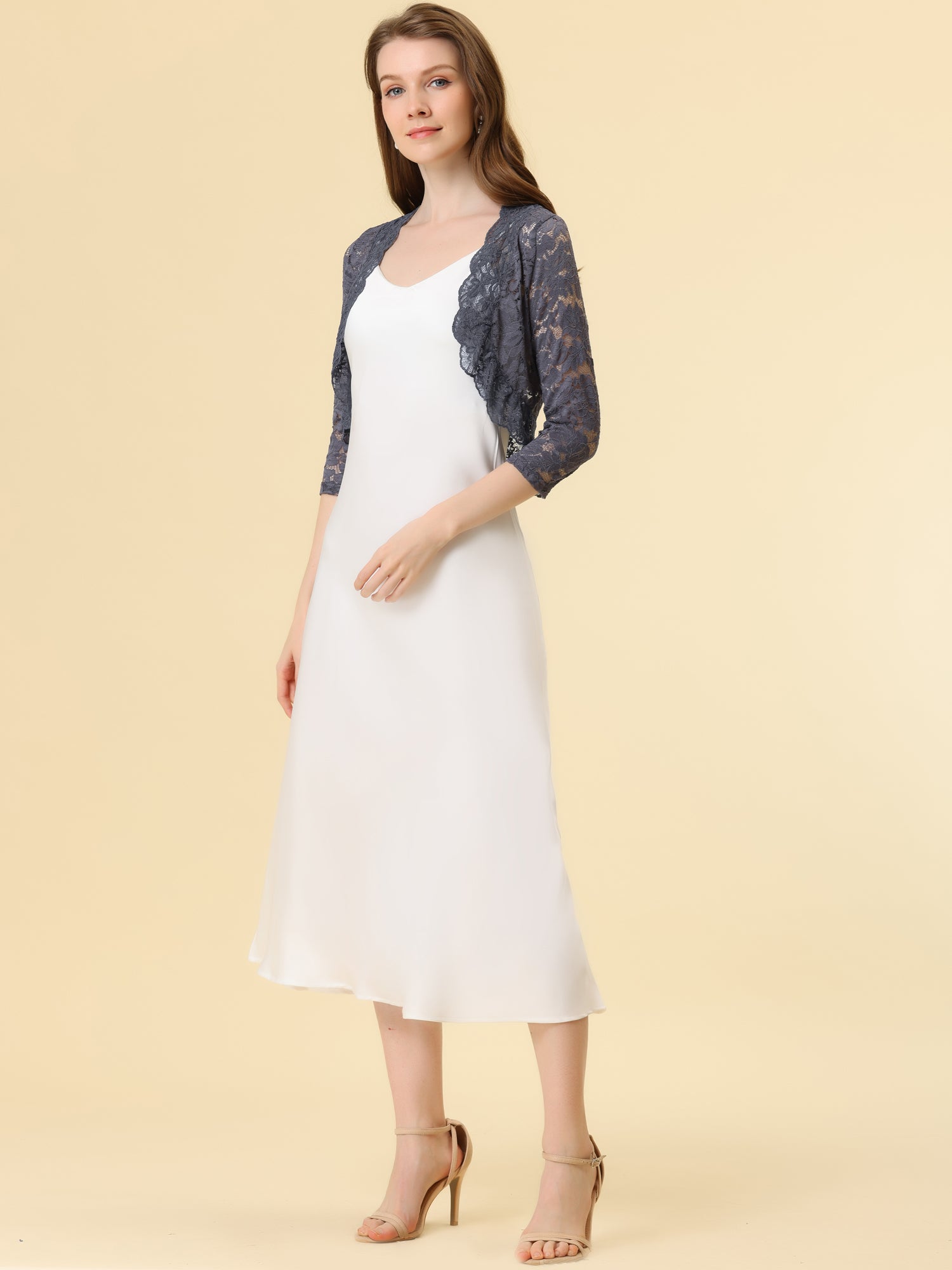 Lace 3/4 Sleeves Sheer Floral Cropped Bolero Shrug