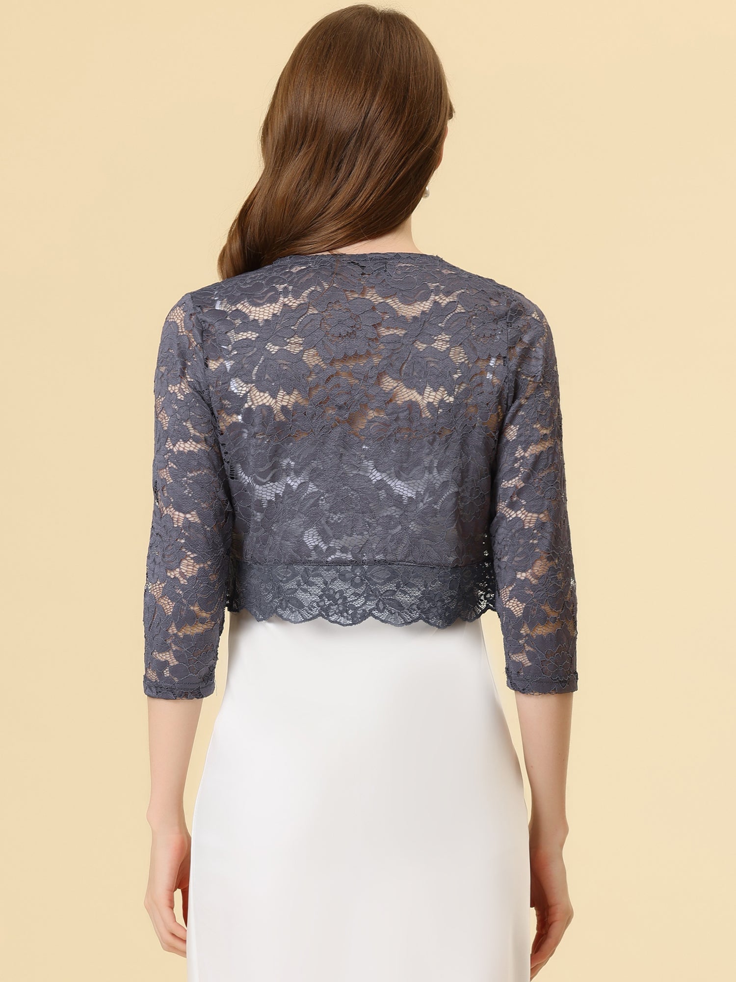 Lace 3/4 Sleeves Sheer Floral Cropped Bolero Shrug