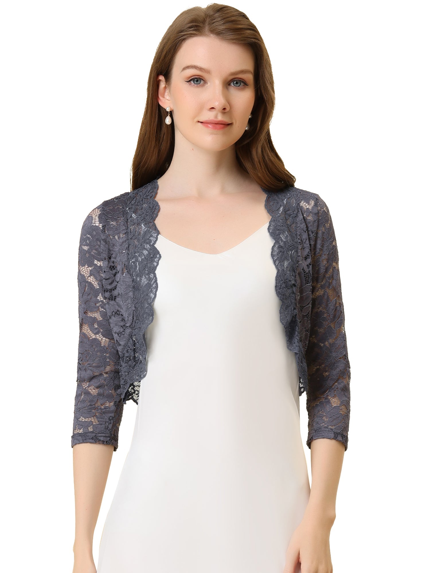 Lace 3/4 Sleeves Sheer Floral Cropped Bolero Shrug