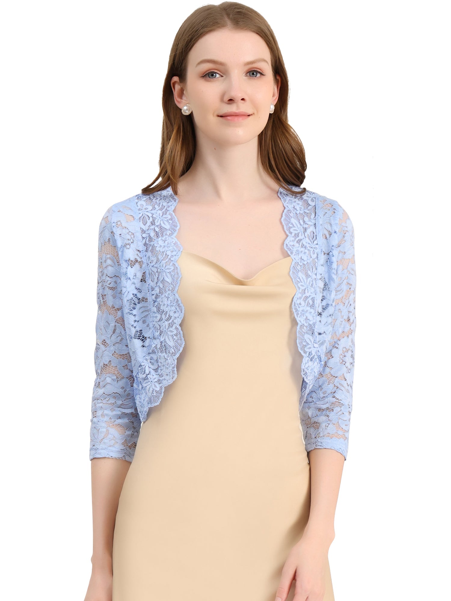 Lace 3/4 Sleeves Sheer Floral Cropped Bolero Shrug