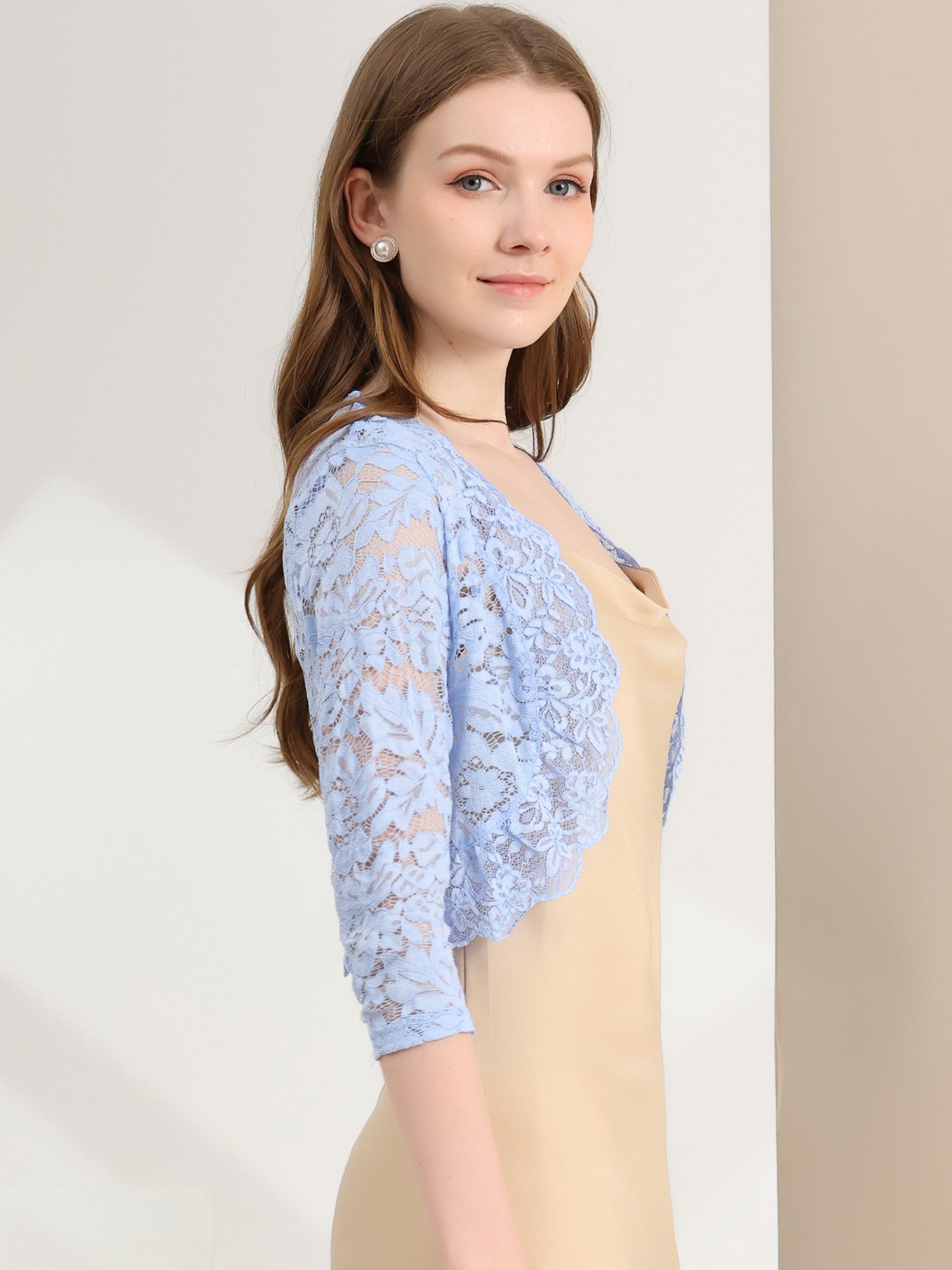 Lace 3/4 Sleeves Sheer Floral Cropped Bolero Shrug