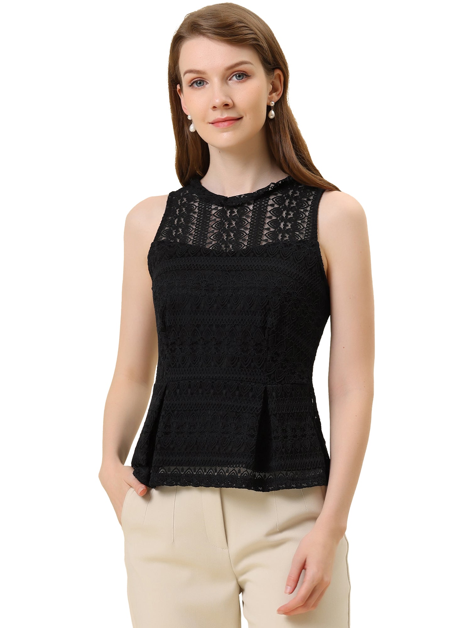 Lace Floral Ruffle Neck Keyhole Back Sleeveless Peplum Top