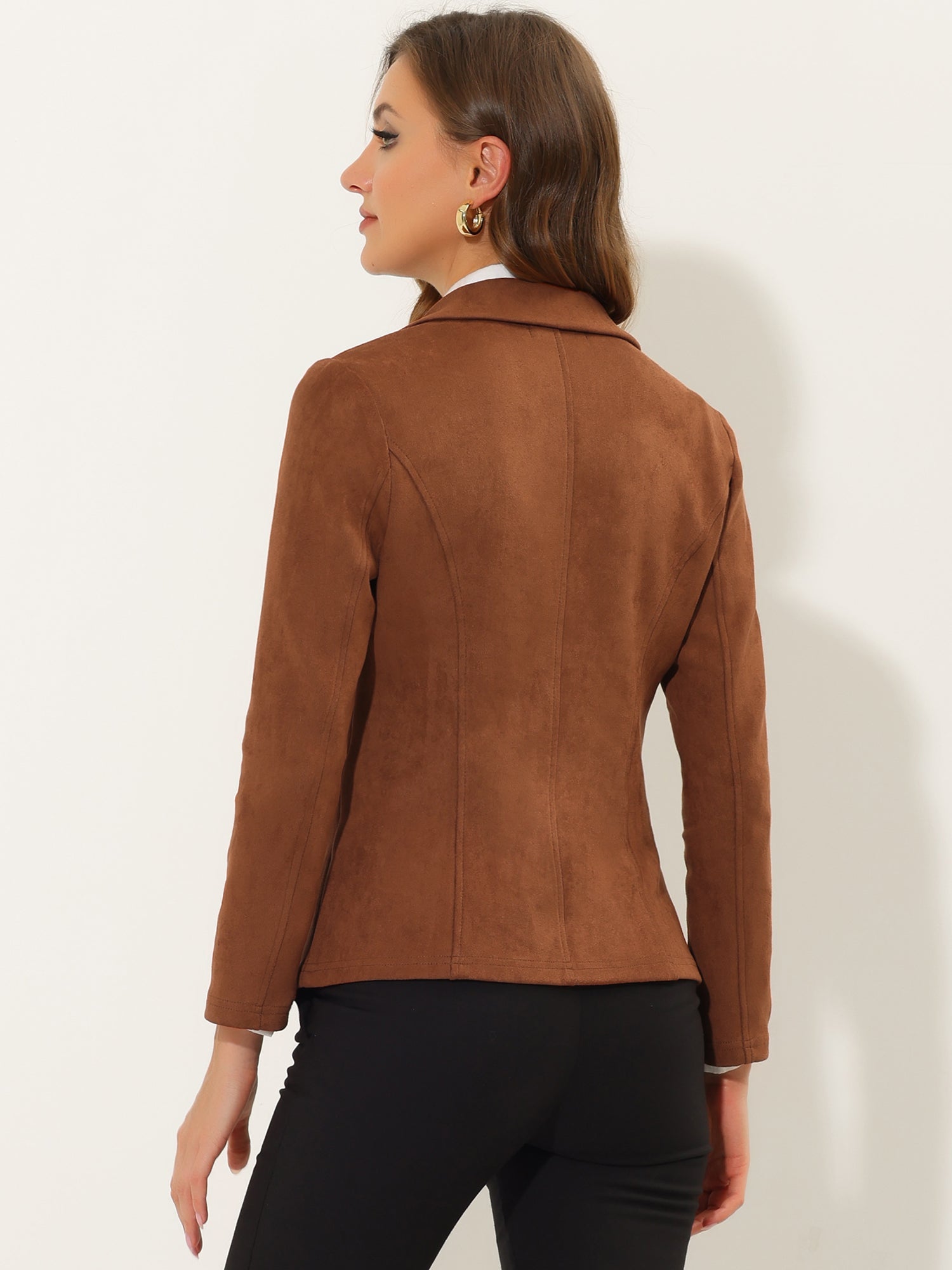 Faux Suede Lapel Collar Long Sleeve Casual Work Office Jacket