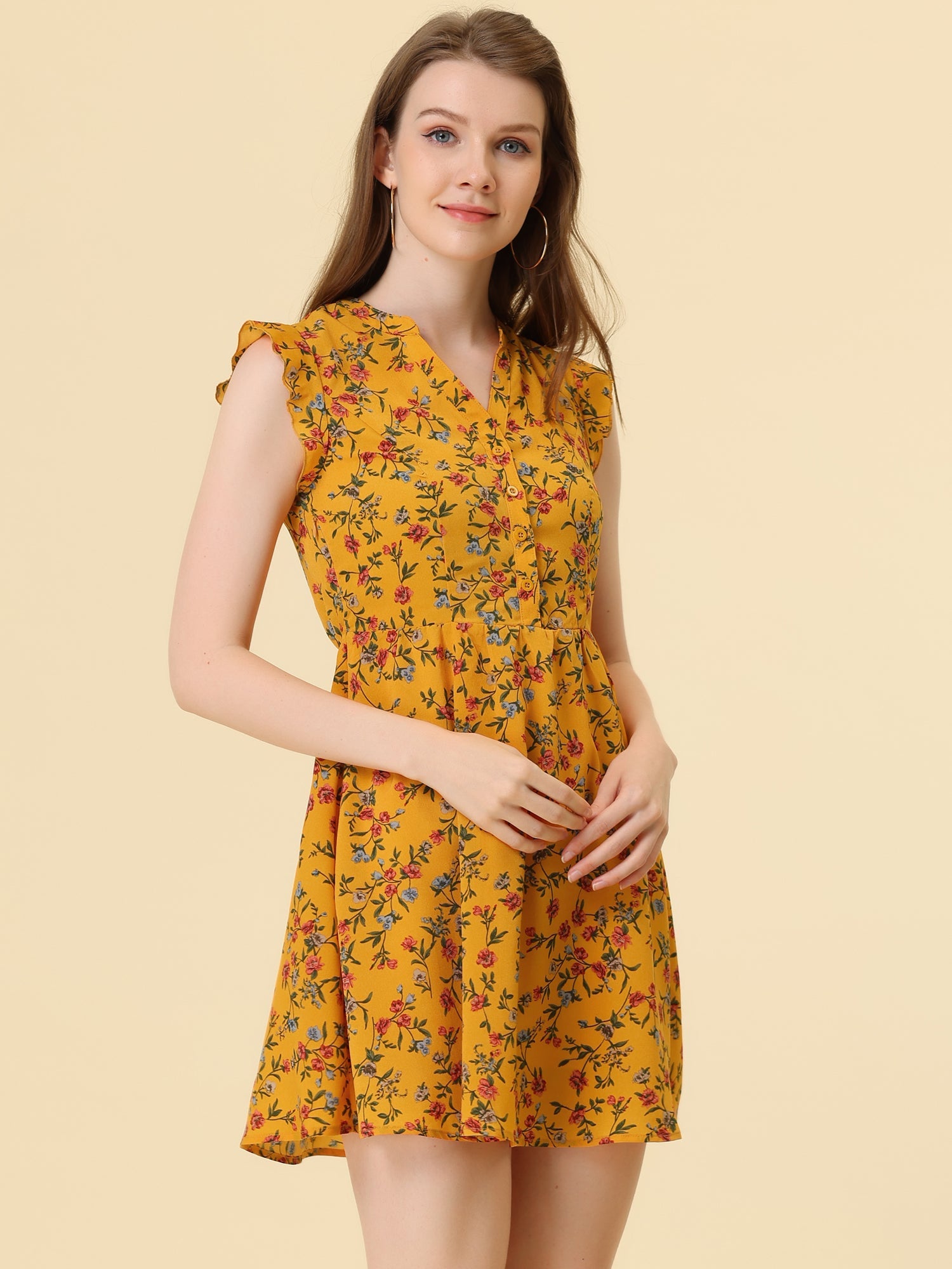 Flutter Sleeve Ruffle A-Line Flowy Chiffon Dress