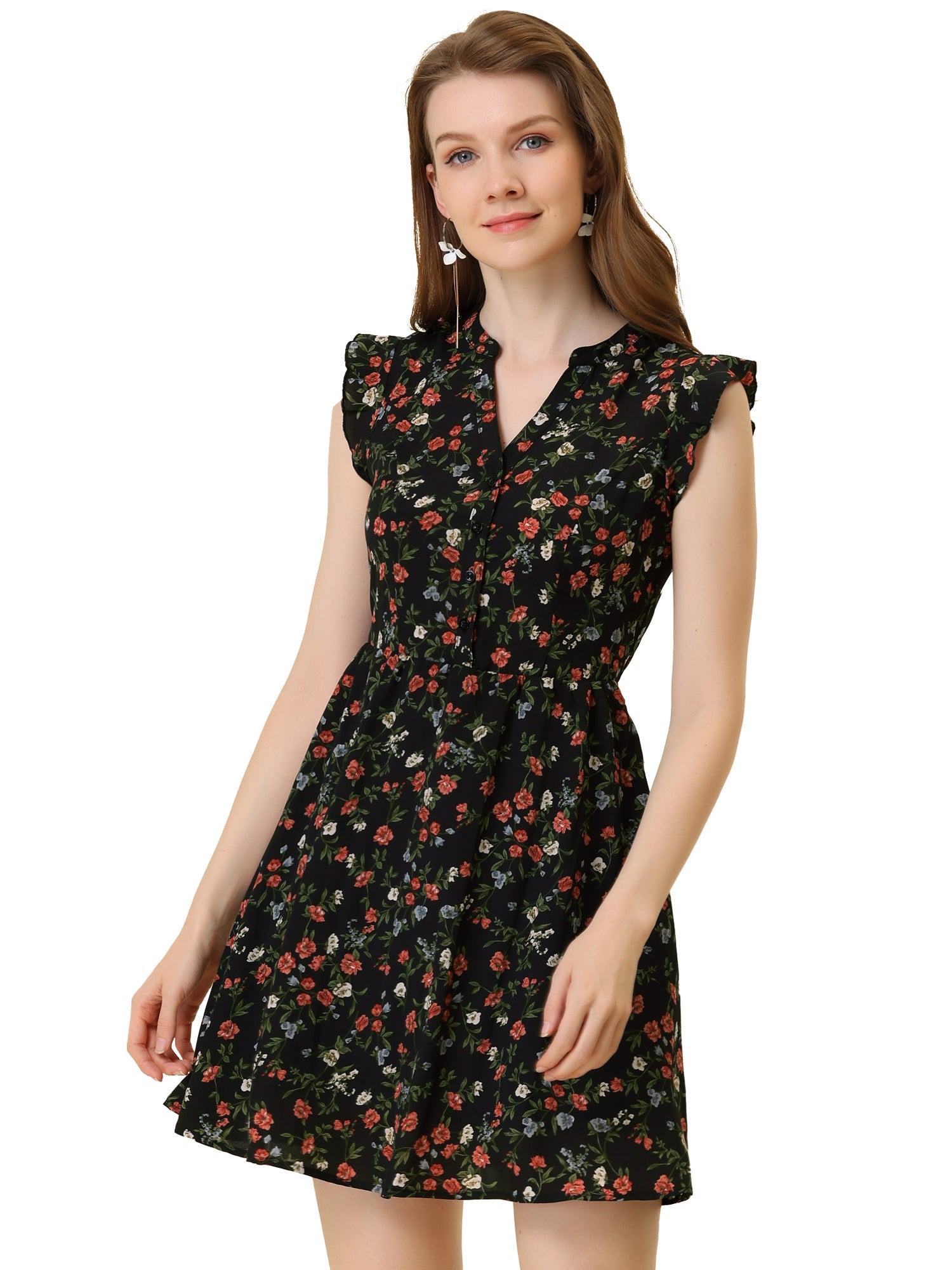 Flutter Sleeve Ruffle A-Line Flowy Chiffon Dress