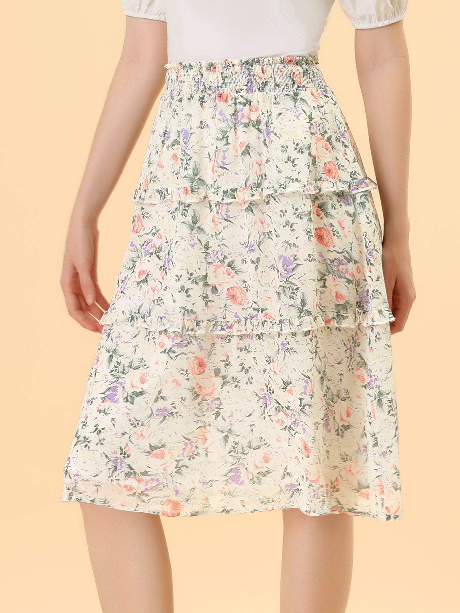Floral Smocked Elastic Waist Knee Length Ruffle Tiered Skirt