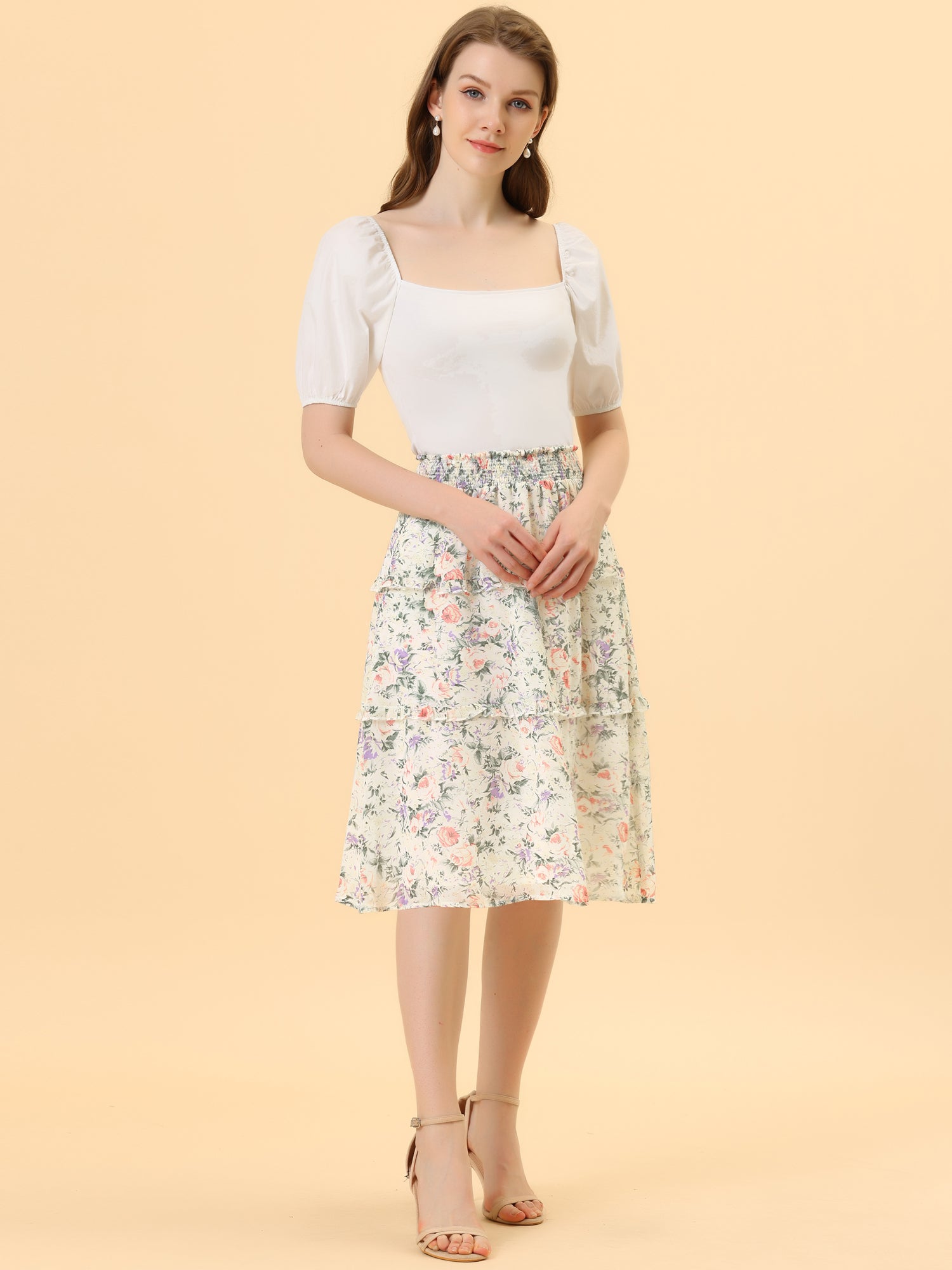 Floral Smocked Elastic Waist Knee Length Ruffle Tiered Skirt