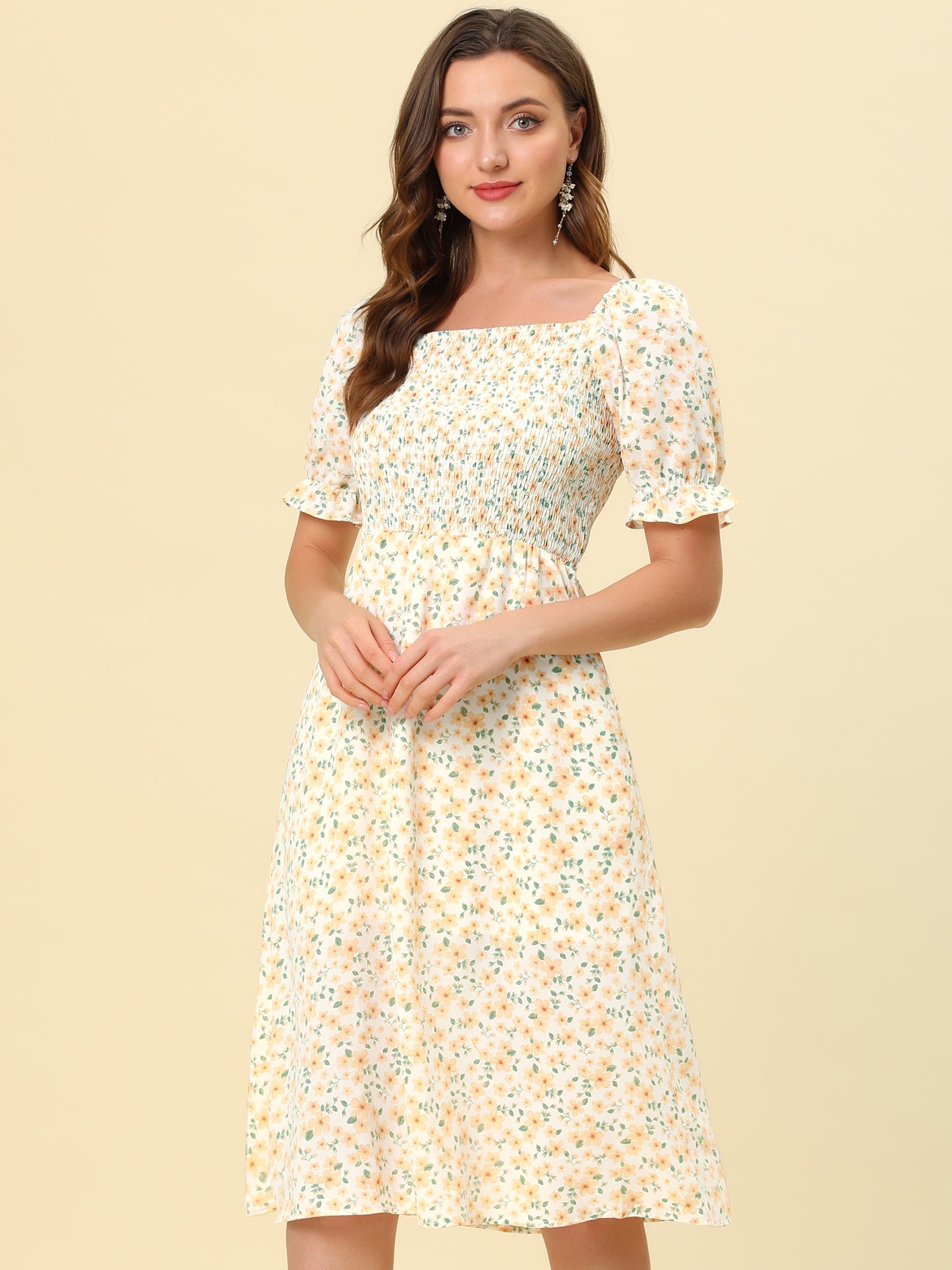 Square Neck Puff Sleeve Shirred Floral Casual Midi Dress