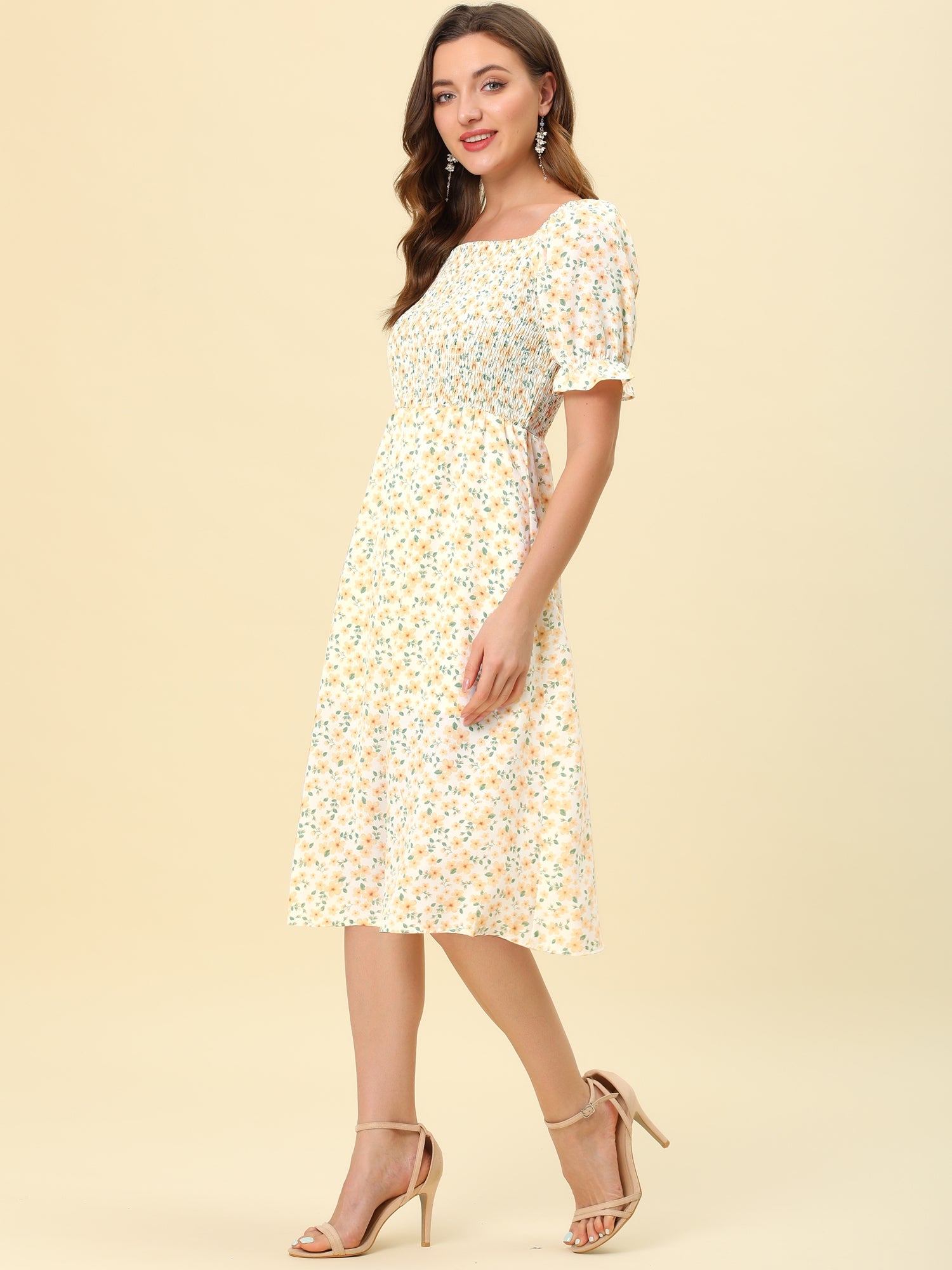 Square Neck Puff Sleeve Shirred Floral Casual Midi Dress