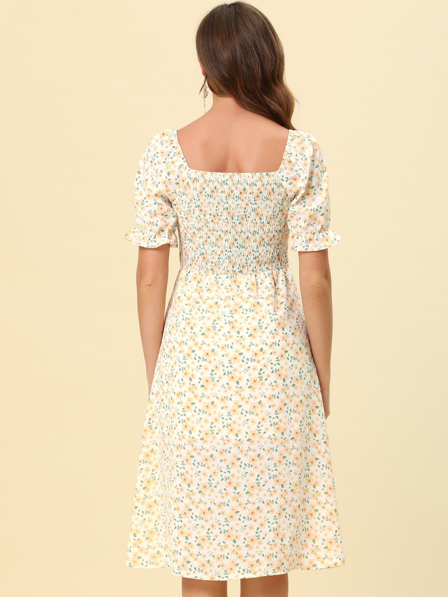 Square Neck Puff Sleeve Shirred Floral Casual Midi Dress