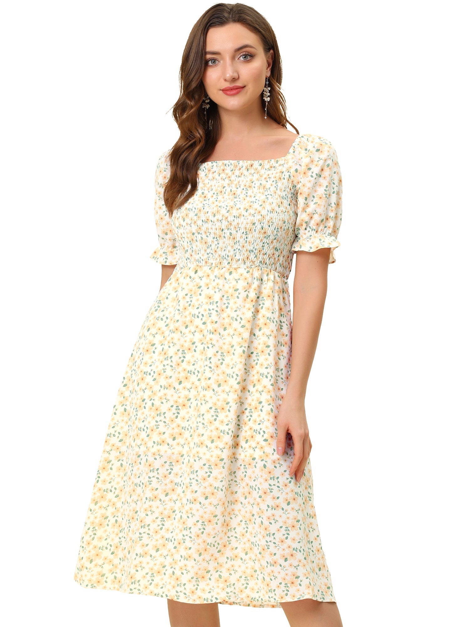 Square Neck Puff Sleeve Shirred Floral Casual Midi Dress