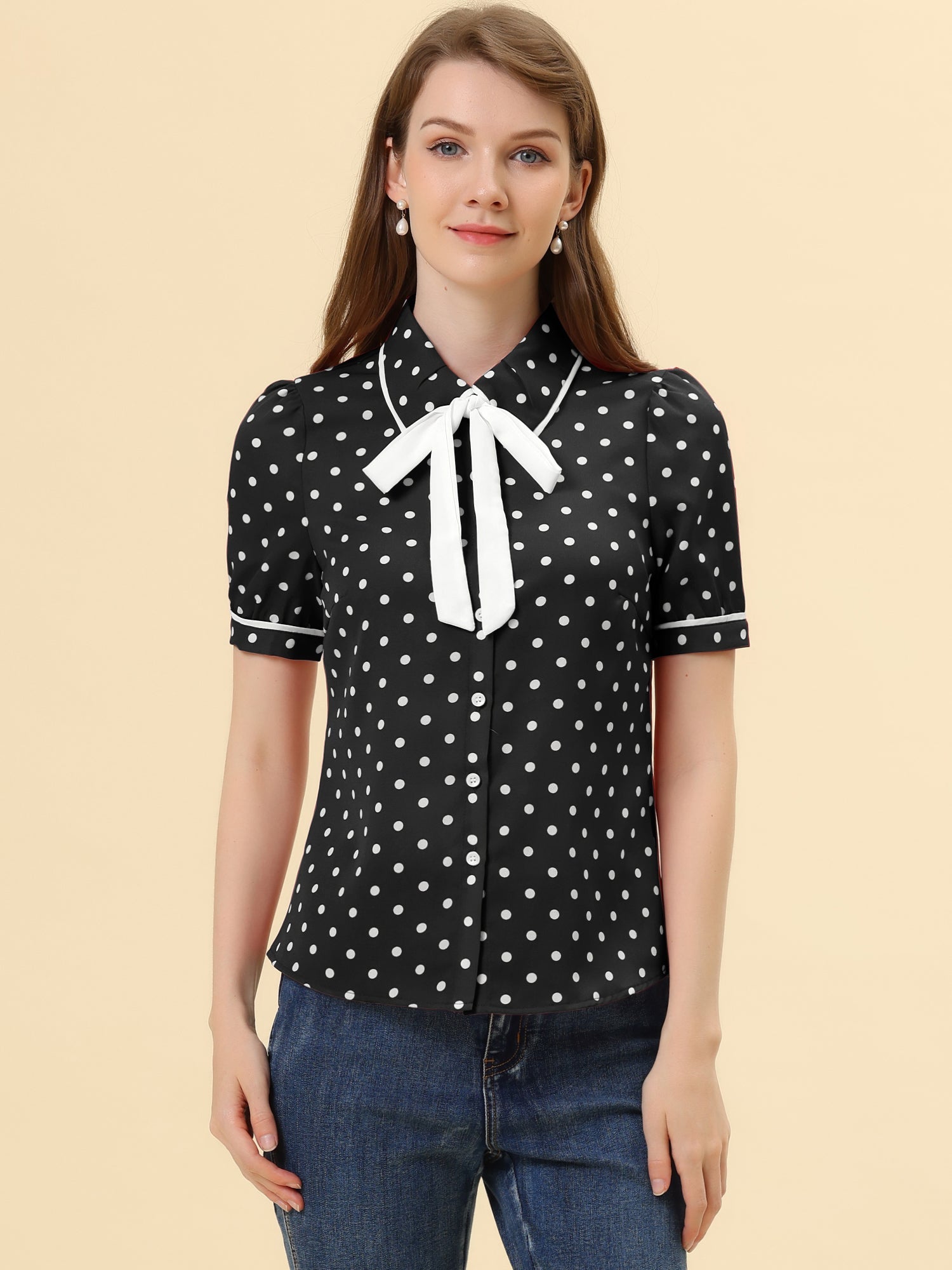 Polka Dot Peter Pan Collar Bow Tie Neck Puff Sleeve Vintage Shirt