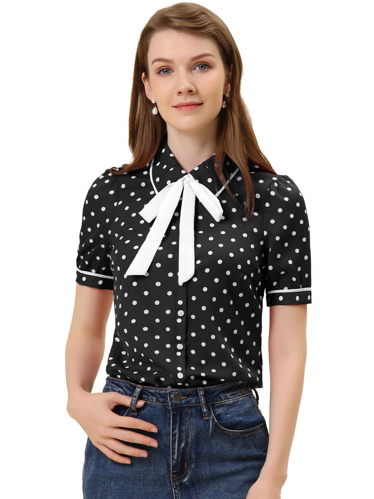 Polka Dot Peter Pan Collar Bow Tie Neck Puff Sleeve Vintage Shirt