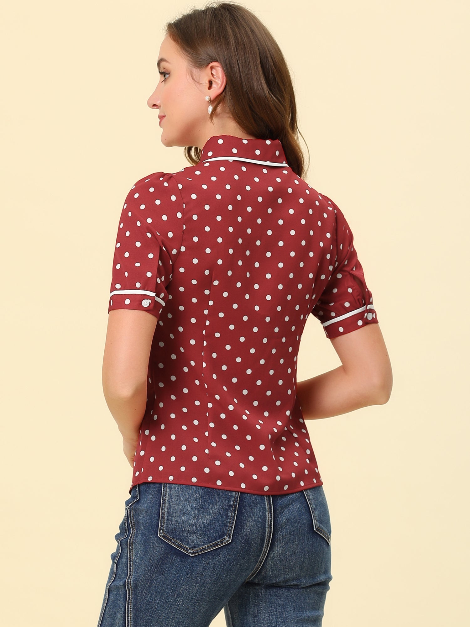 Polka Dot Peter Pan Collar Bow Tie Neck Puff Sleeve Vintage Shirt