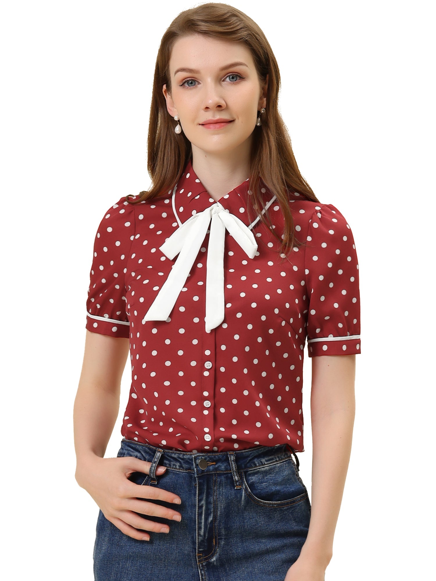 Polka Dot Peter Pan Collar Bow Tie Neck Puff Sleeve Vintage Shirt
