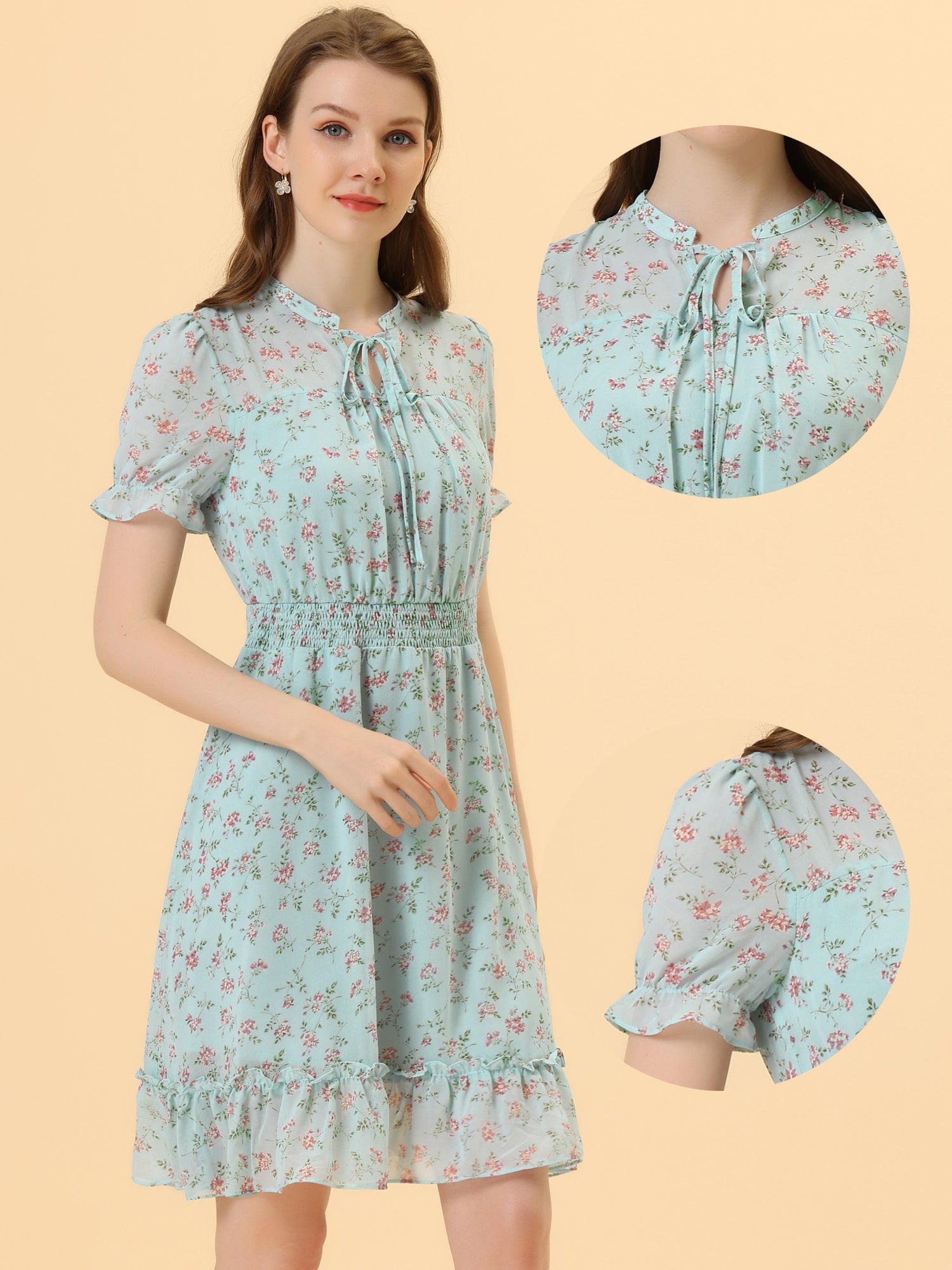 Floral Smocked Tie Neck Puff Sleeve Ruffle Chiffon Tiered Dress